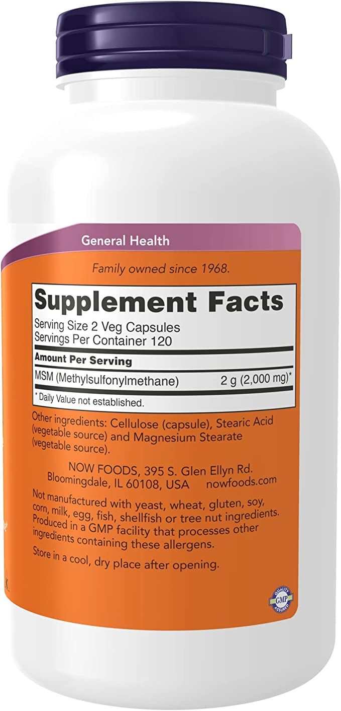 Flacone bianco con tappo viola. Etichetta: Supplement Facts, MSM, 2 g. Certificazione GMP.