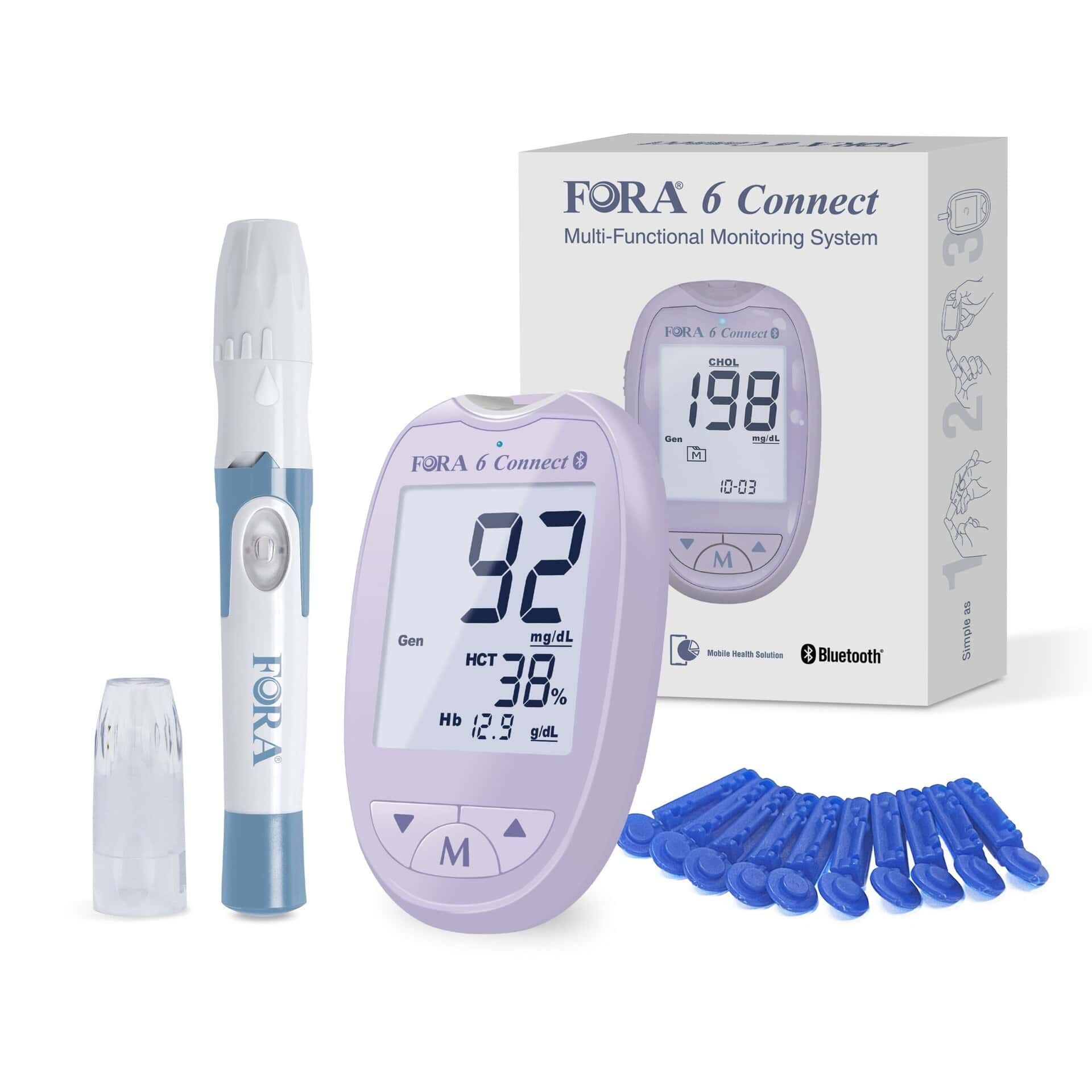 Kit di avviamento FORA 6 Connect 6-in-1: misuratore, lancette, strisce per glucosio, chetone, emoglobina, ematocrito, urea.