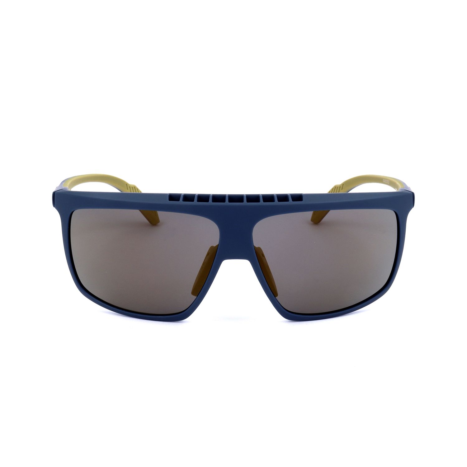 Occhiali da sole sportivi blu con lenti marroni e logo Adidas.