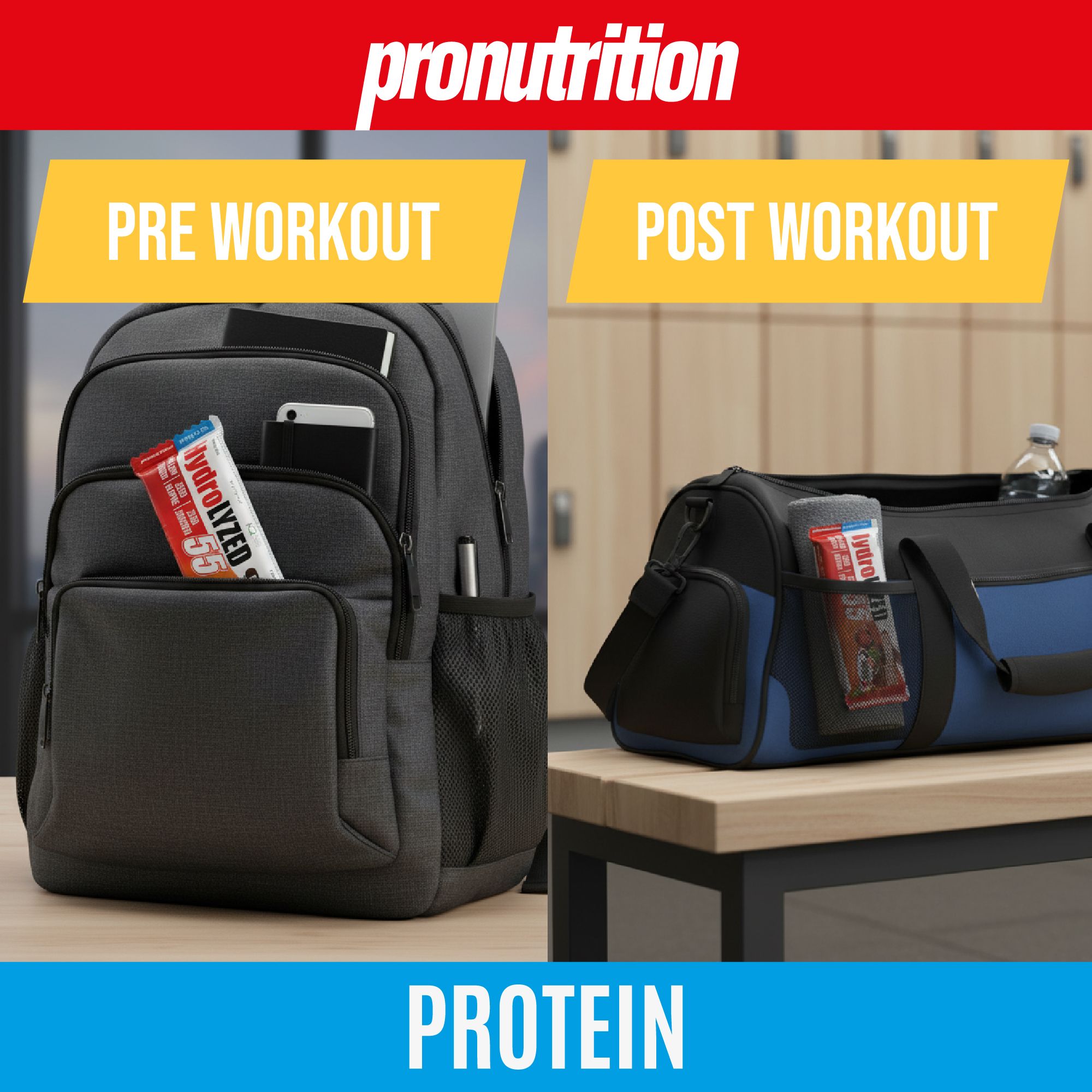 Due immagini: barretta in zaino e borsa sportiva. Logo: Pronutrition. Testo: PRE WORKOUT, POST WORKOUT.