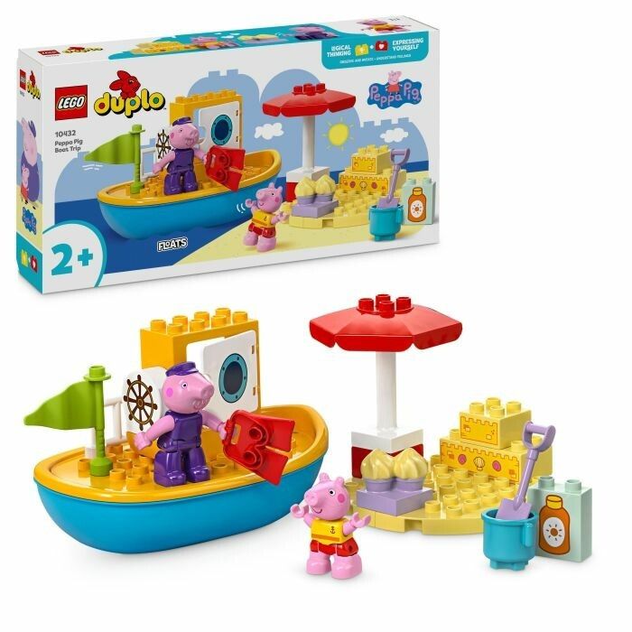 Set LEGO Duplo. Include una costruzione di barca gialla e blu con personaggi di Peppa Pig, accessori da spiaggia e confezione.