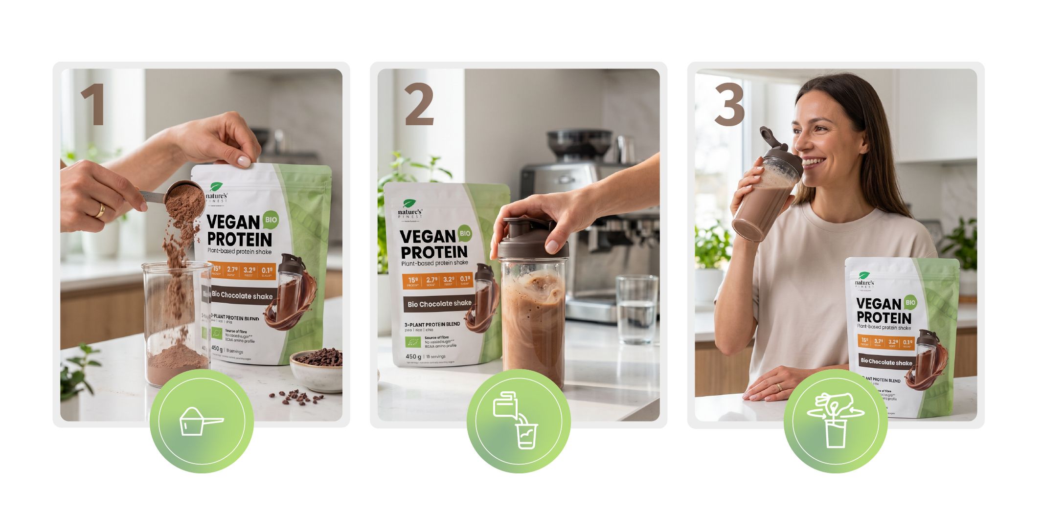 Istruzioni per la preparazione di un frullato proteico: prelevare la polvere, mescolare, gustare.