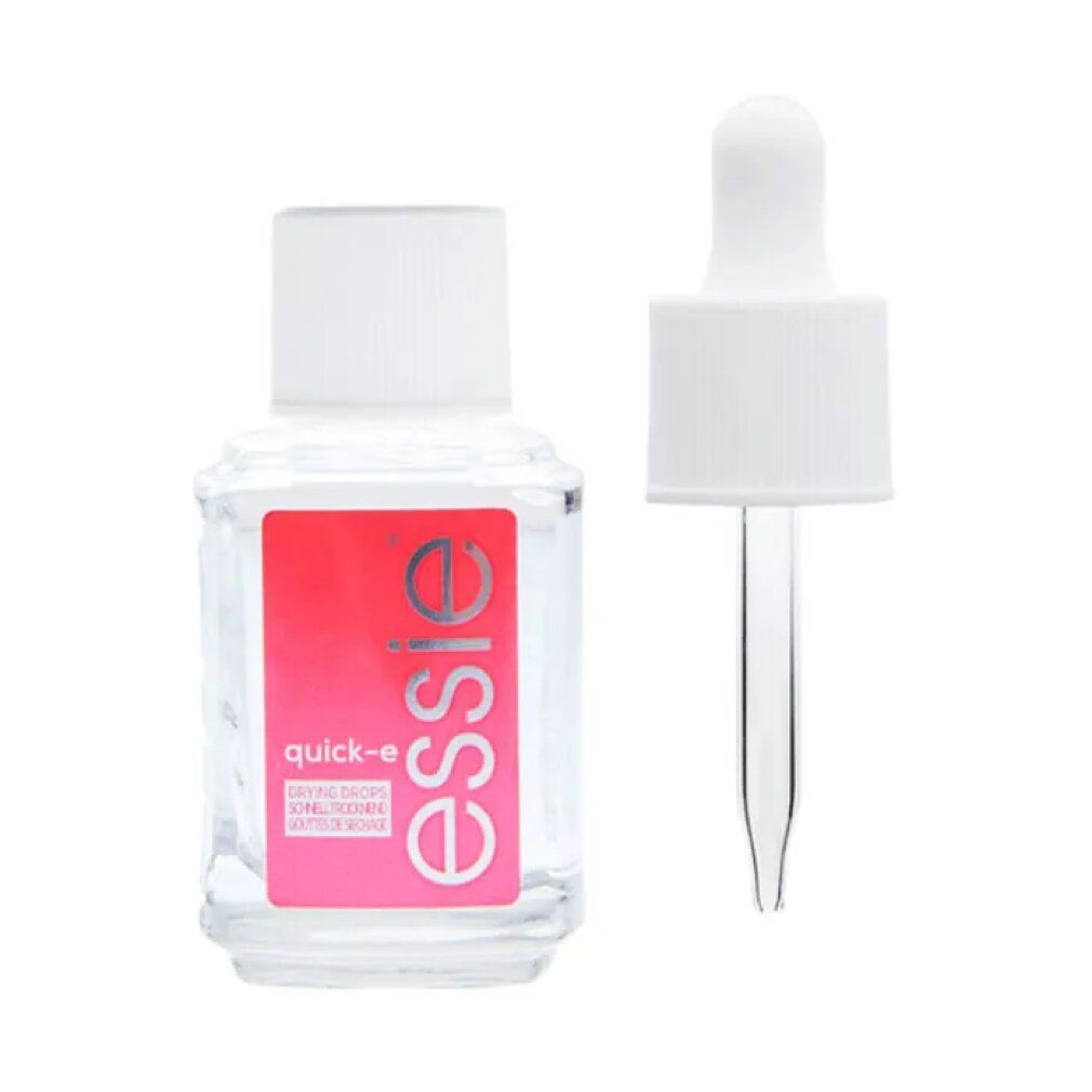 Essie Quick-e gocce asciugatura. Flacone in vetro trasparente, etichetta rosa, tappo bianco e contagocce separato.