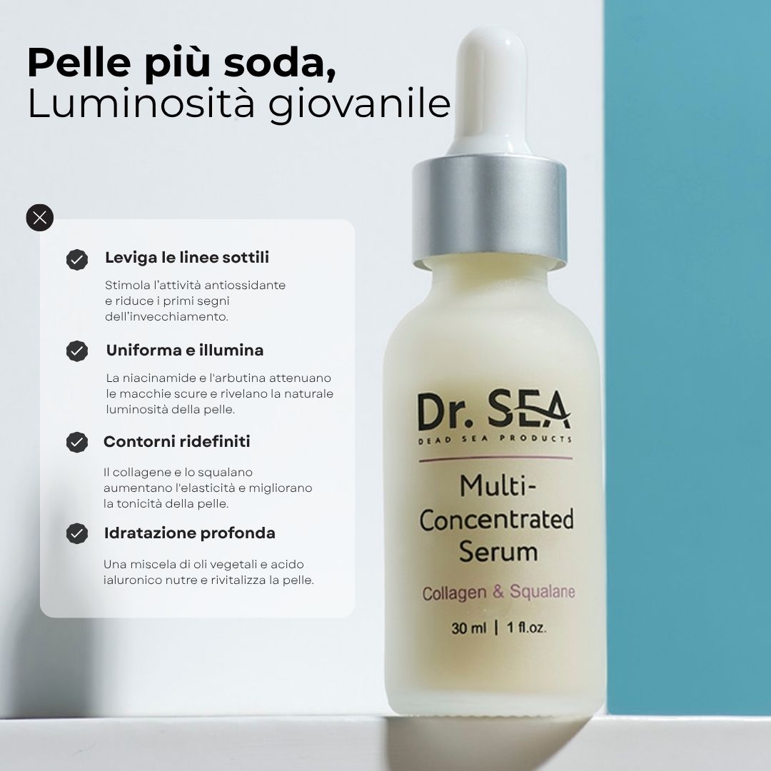 Flacone di siero con testo. Scritta: Dr. SEA, Multi-Concentrated Serum, Collagen & Squalane. 30 ml | 1 fl.oz. Testo sui benefici.