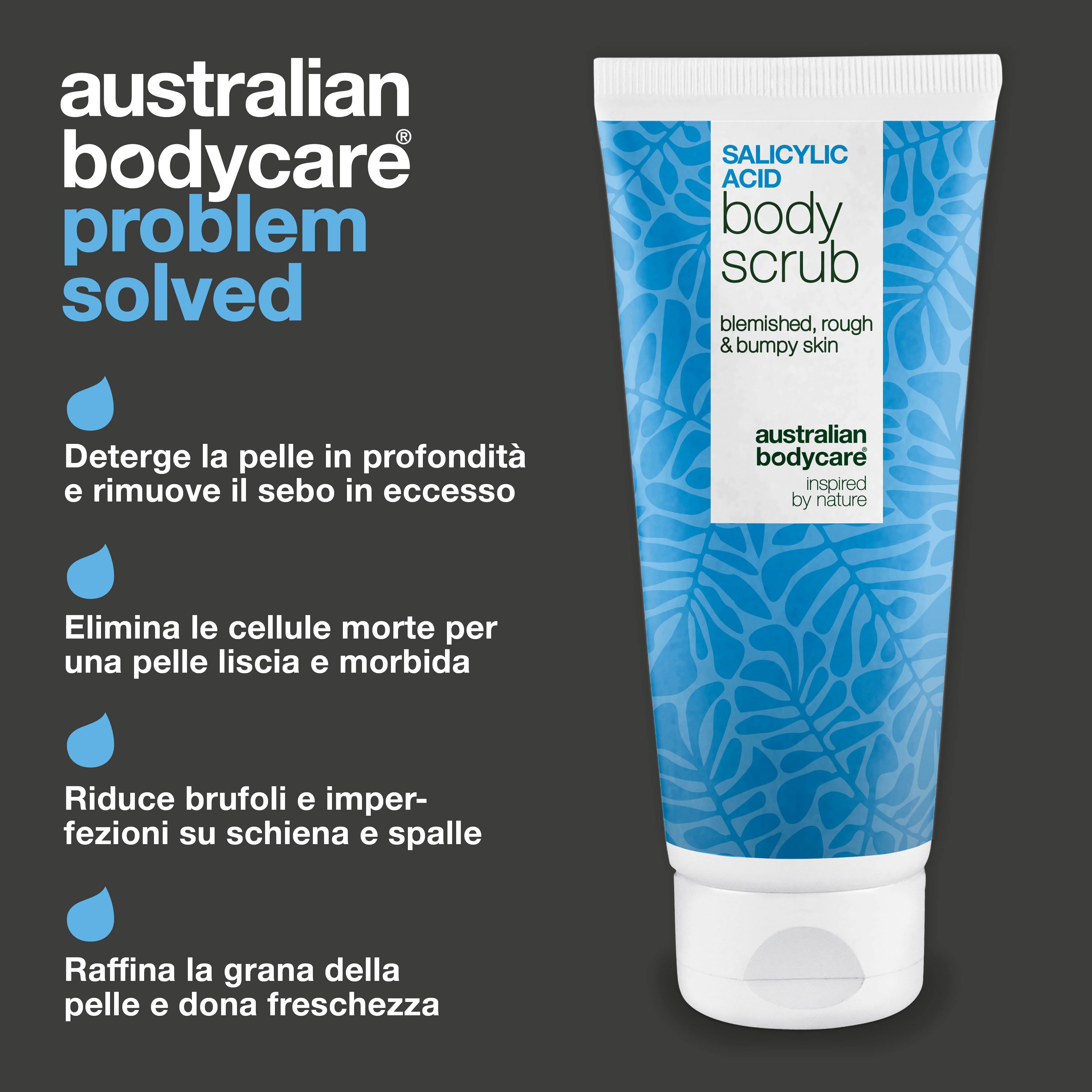 Tubo del prodotto con testo: Salicylsäure Body Scrub. Marchio: Australian Bodycare. Testo: Problem solved. Gocce blu.