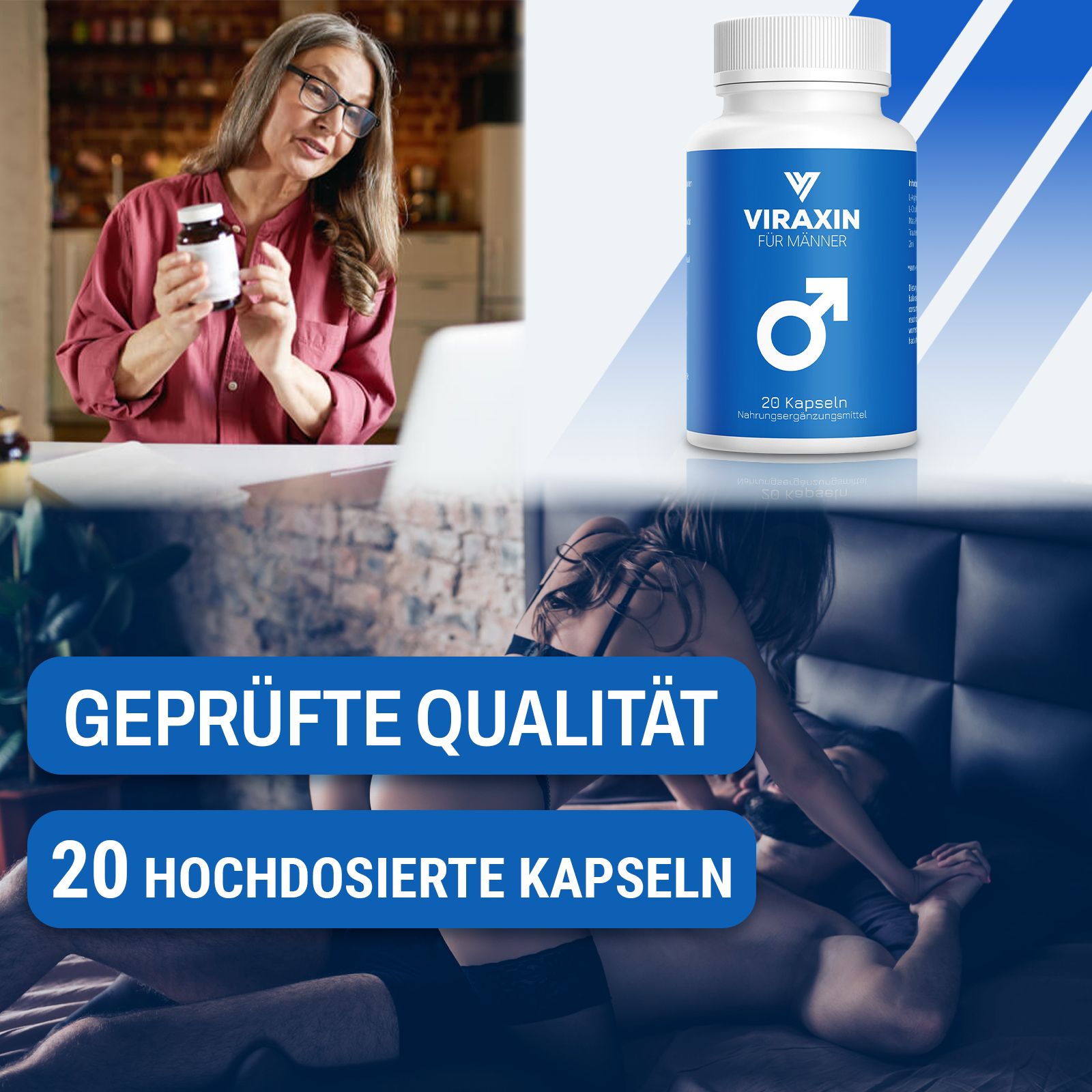 Flacone con etichetta blu, testo: Viraxin für Männer, simbolo maschile, 20 capsule. Sfondo: donna con flacone, coppie, testo: Qualità certificata, 20 capsule ad alto dosaggio.