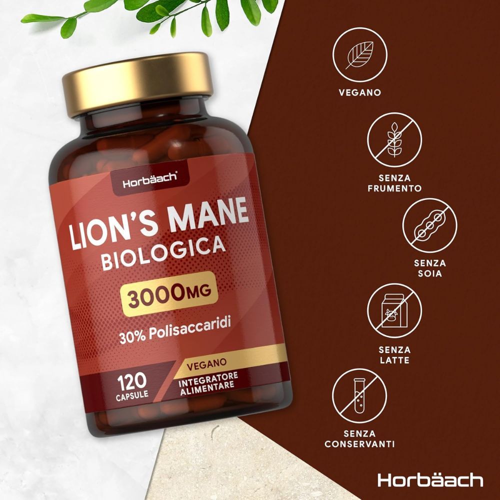 Flacone marrone con tappo dorato. Scritta: Lion's Mane Biologica 3000mg, 120 capsule. Vegano. Senza: glutine, soia, latte, conservanti.
