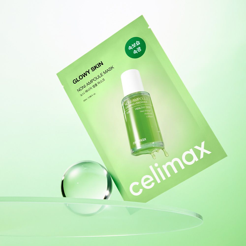 Celimax Noni Ampoule Mask bustina con flaconcino di siero e sfera di vetro.