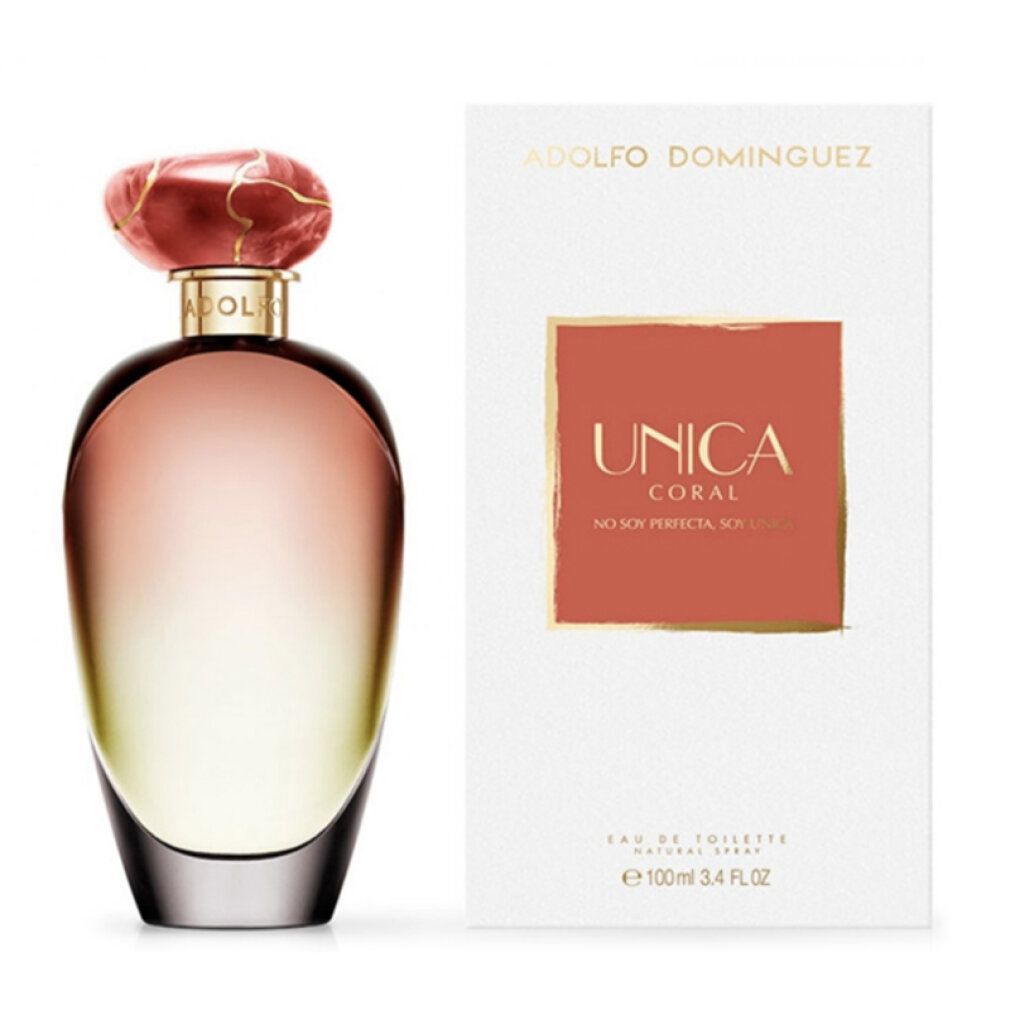 Flacone di profumo e confezione. Flacone sfumato, tappo rosso. Confezione con scritta 'Unica Coral'.