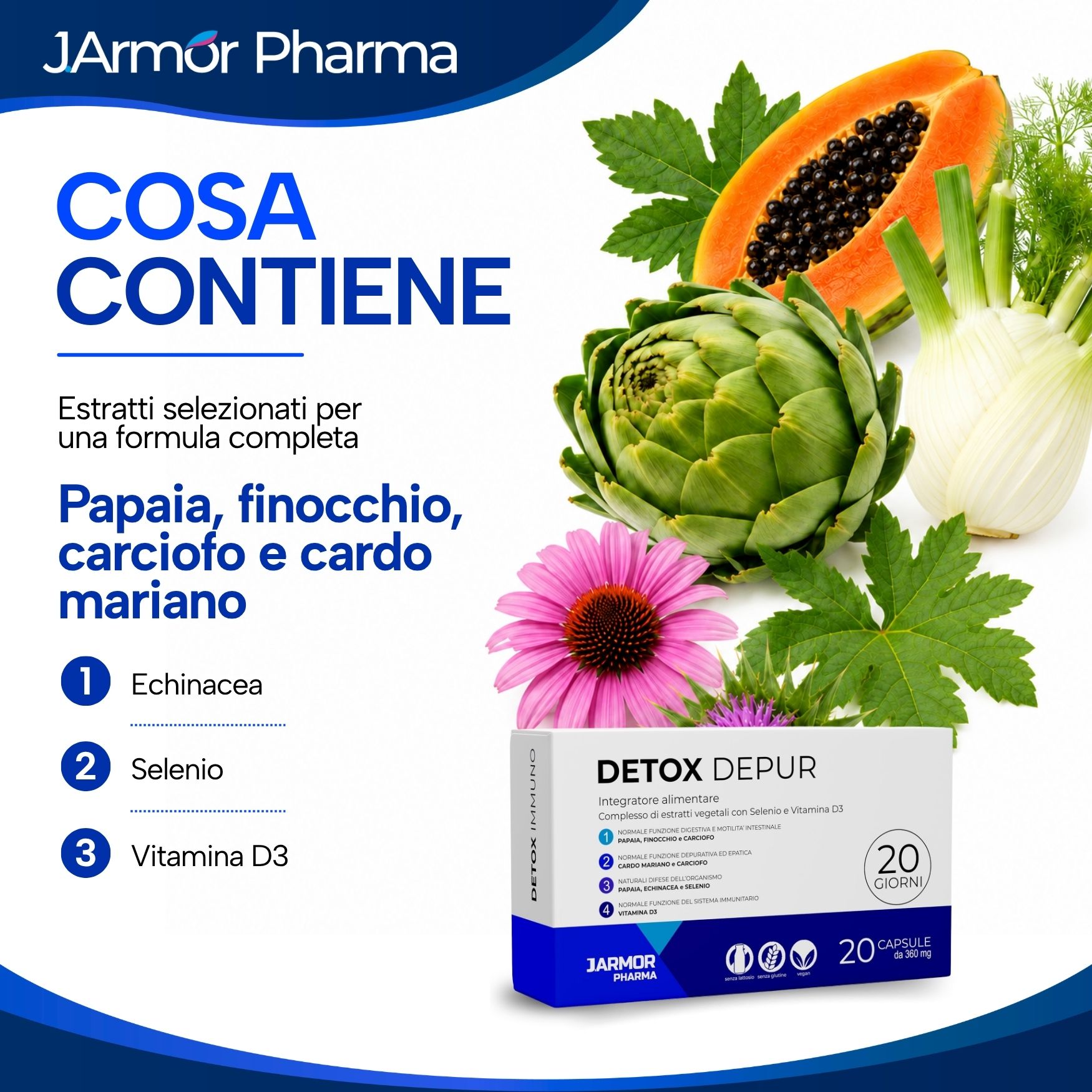 Detox Depur: Papaya, finocchio, carciofo, cardo mariano, echinacea, selenio, Vitamina D3.