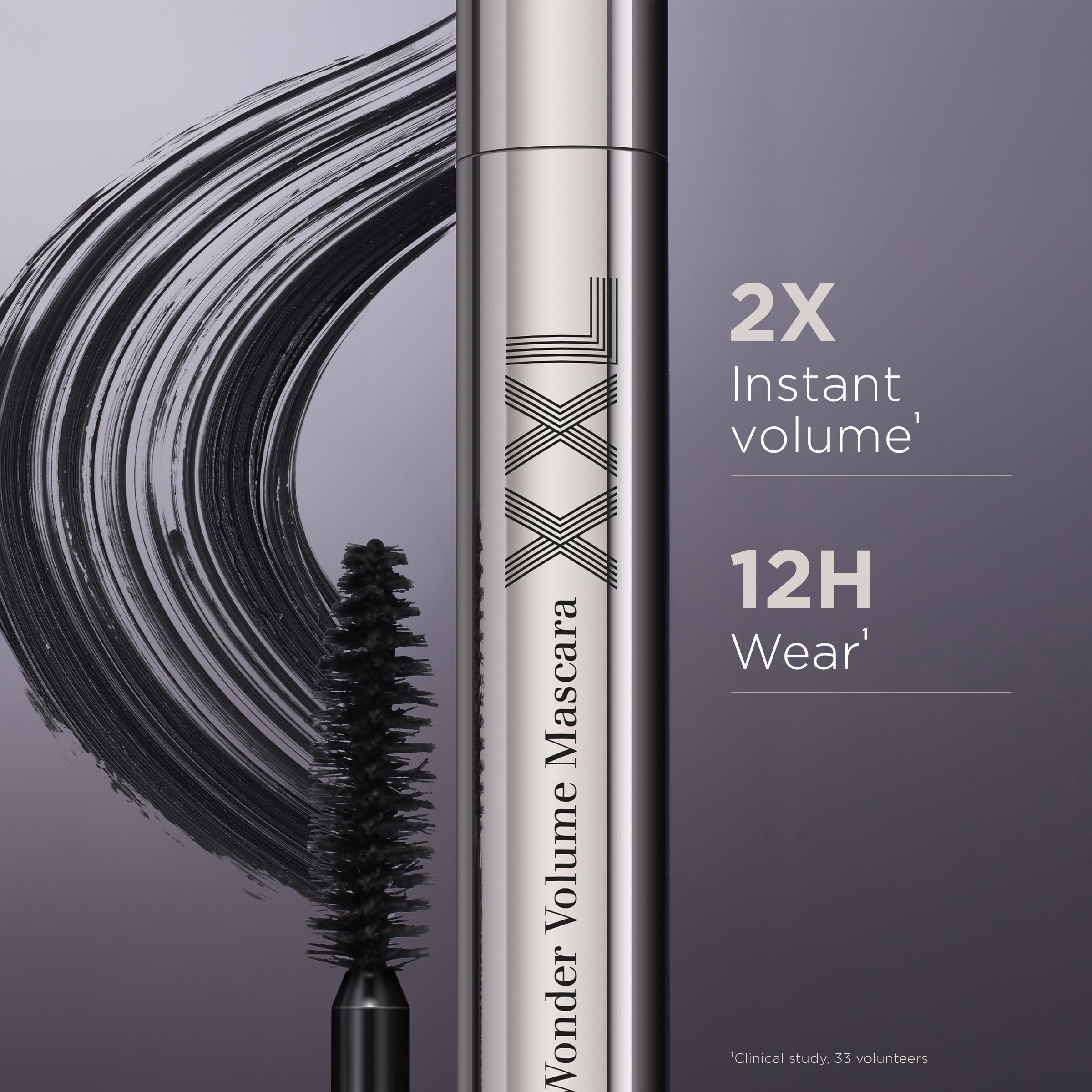 Tubo mascara con testo e tratto di mascara. Testo: 2X Instant volume, 12H Wear.