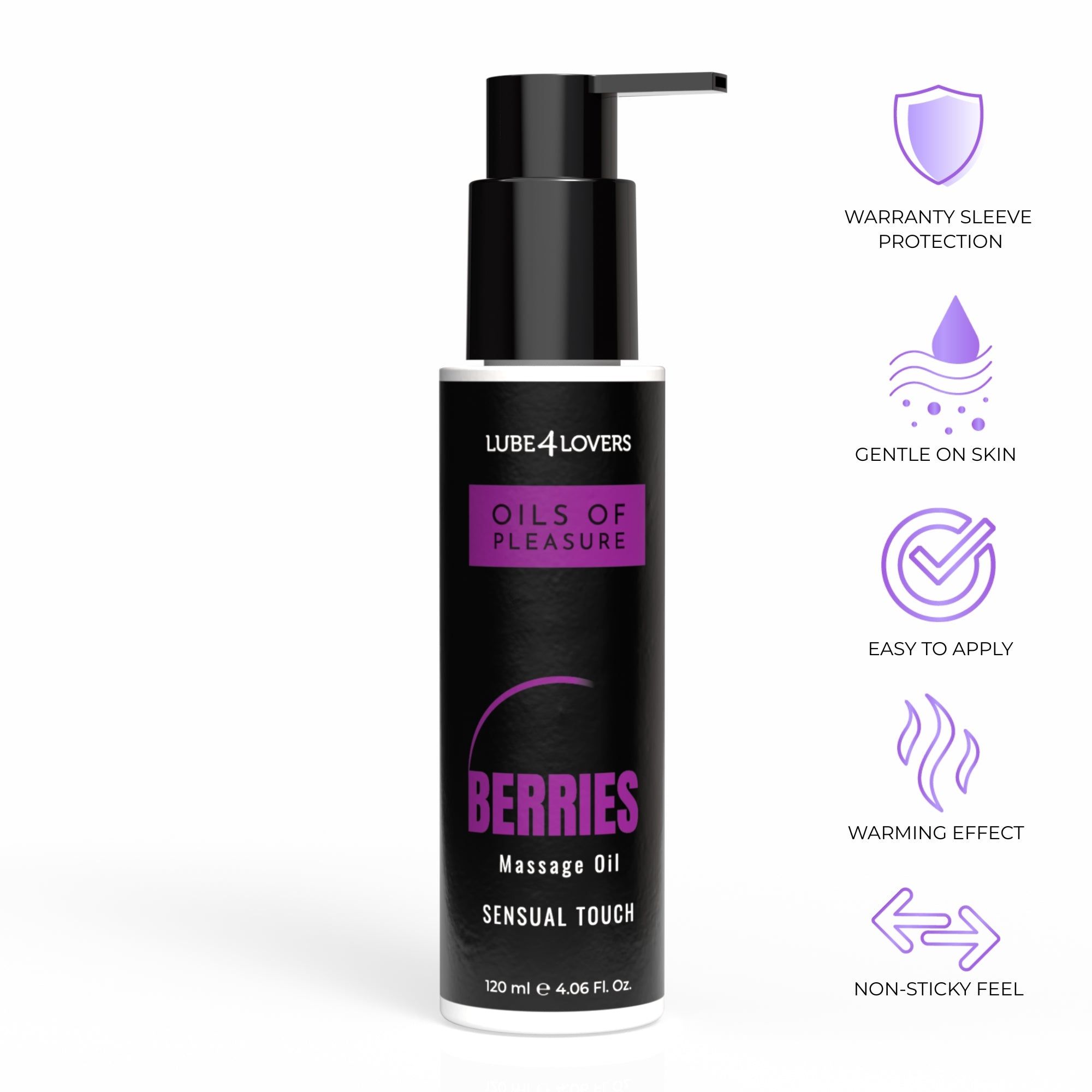 Flacone di olio per massaggio con dosatore. Scritte: Lube4Lovers, Oils of Pleasure, Berries, Massage Oil, Sensual Touch. 120 ml.