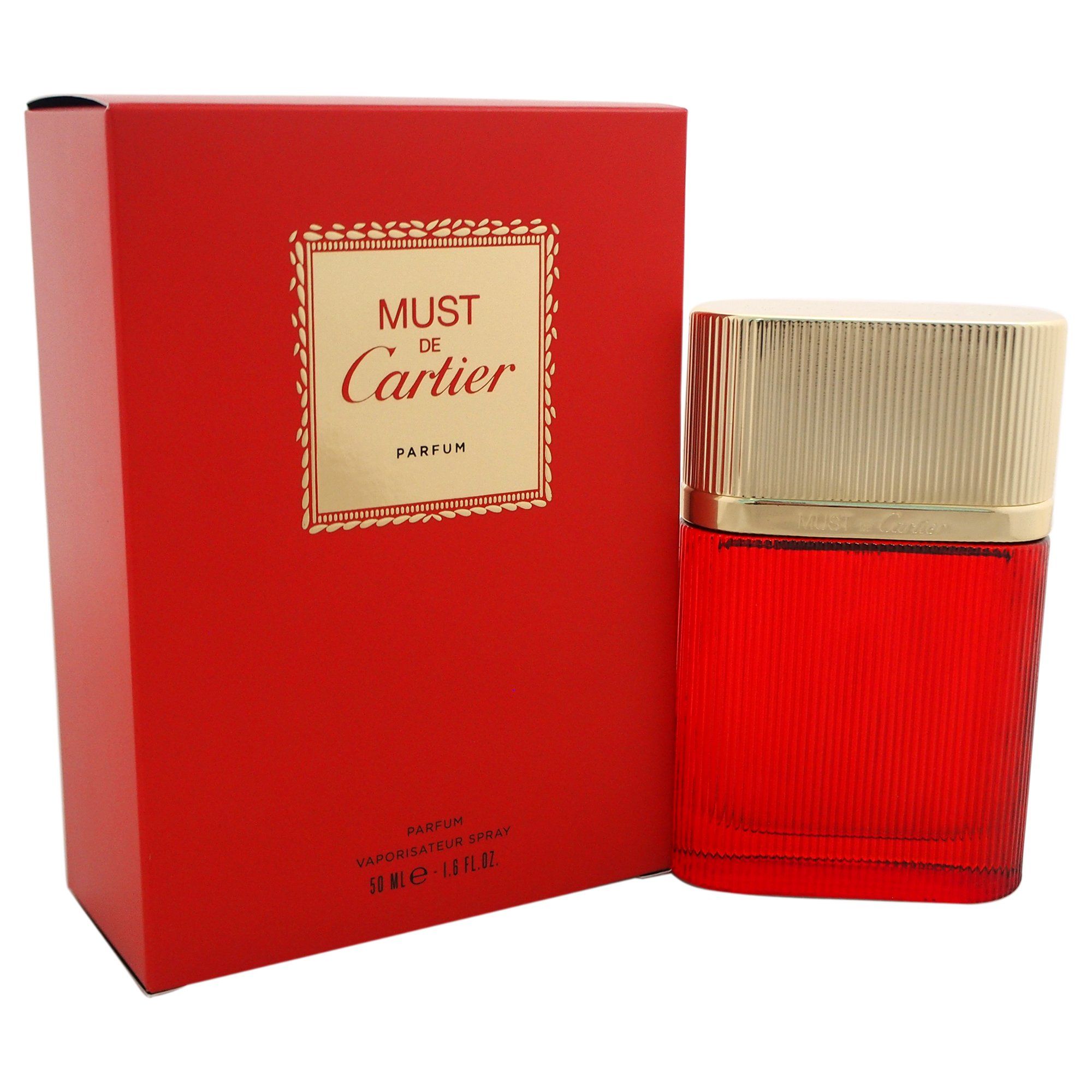 Flacone rosso con tappo dorato e scatola rossa. Sulla scatola, la scritta "Must de Cartier Parfum".