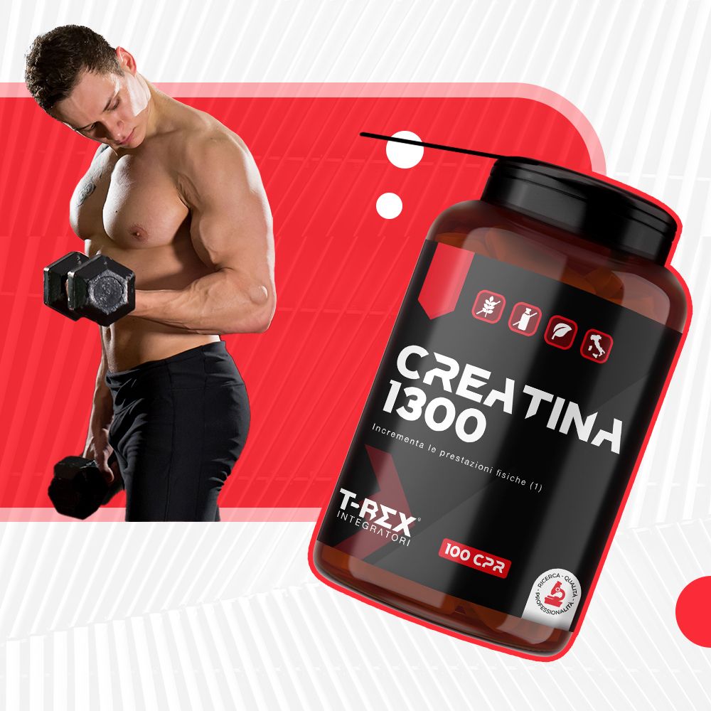 Barattolo marrone di integratore Creatina 1300, 100 capsule, marca T-Rex Integratori.