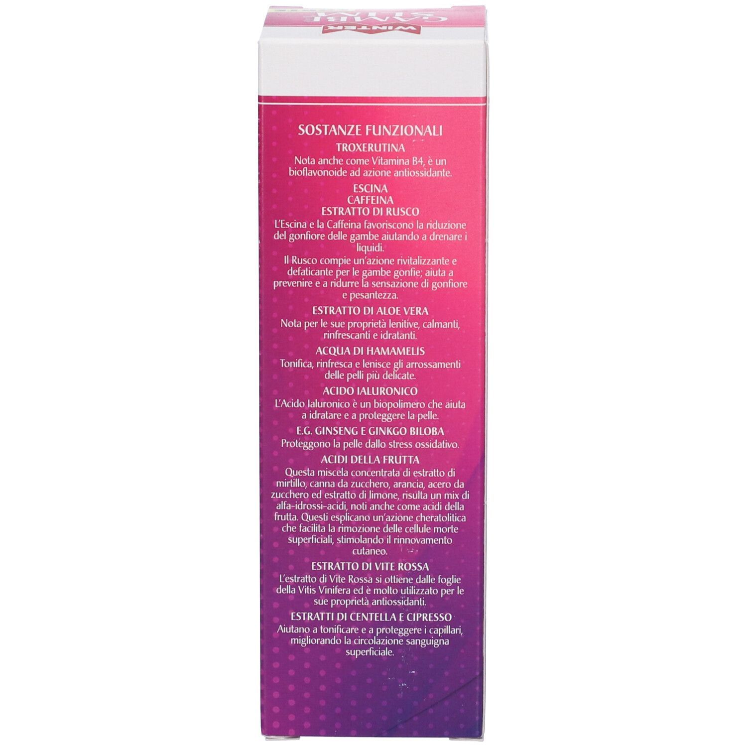 Lato della confezione Winter Gambe Slim Forte. Testo in italiano. Contiene informazioni sugli ingredienti.