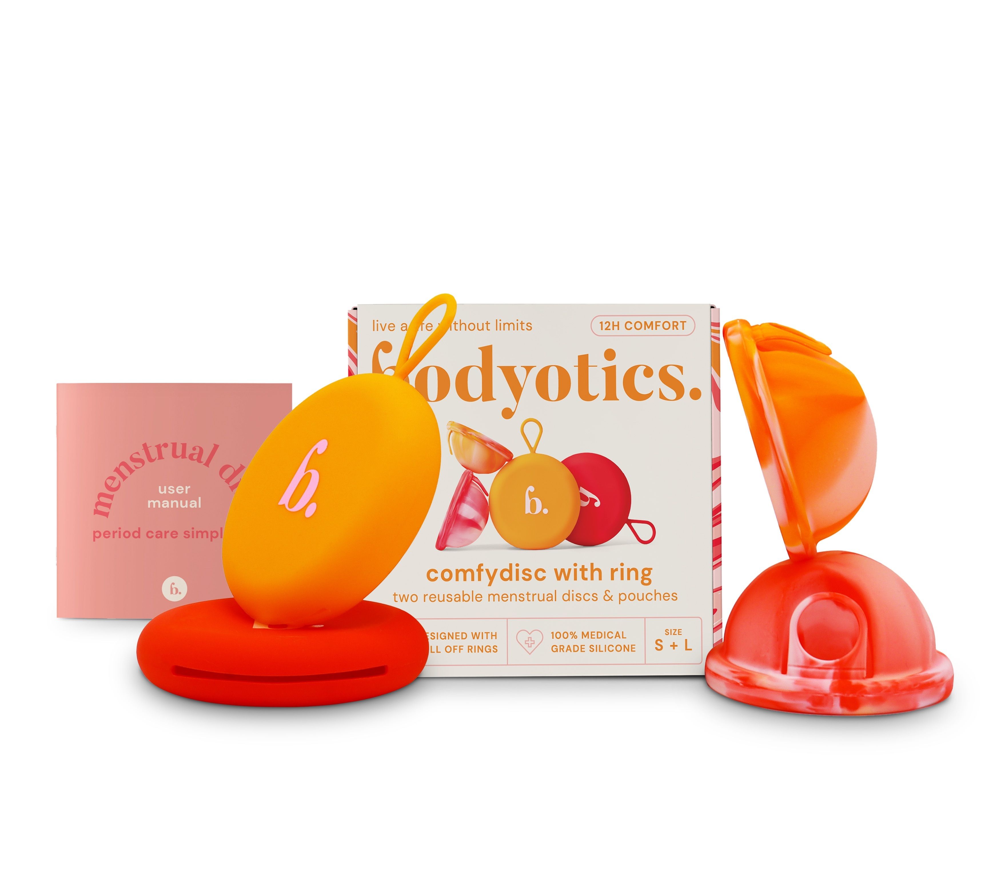 Set di due dischi mestruali riutilizzabili, rosso e arancione, con anelli e custodie.