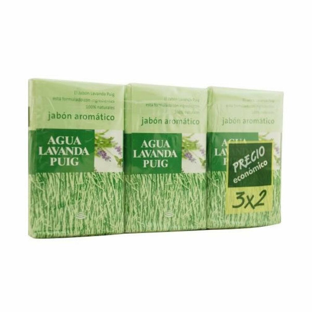 Tre saponette confezionate. Scritta: Agua Lavanda Puig, Jabón aromático. Design verde e bianco. Offerta 3x2.