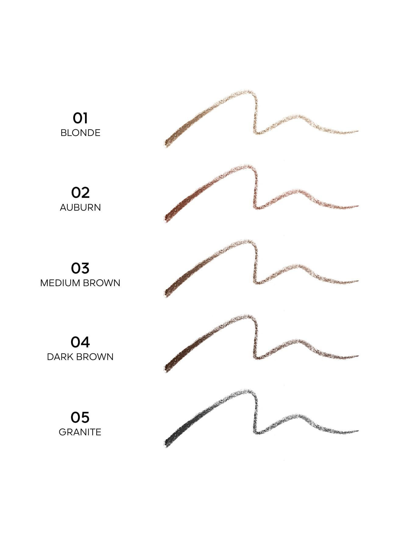 Campioni di colore di matite per sopracciglia. Cinque tonalità con nomi: Blonde, Auburn, Medium Brown, Dark Brown, Granite. Tratti su sfondo bianco.