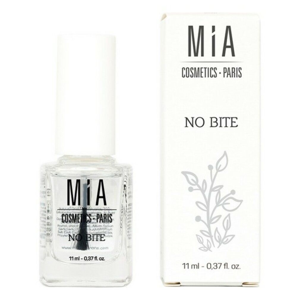 Flacone di smalto e confezione. Scritta: Mía Cosmetics Paris, No Bite. Volume: 11 ml. Confezione con motivo floreale.