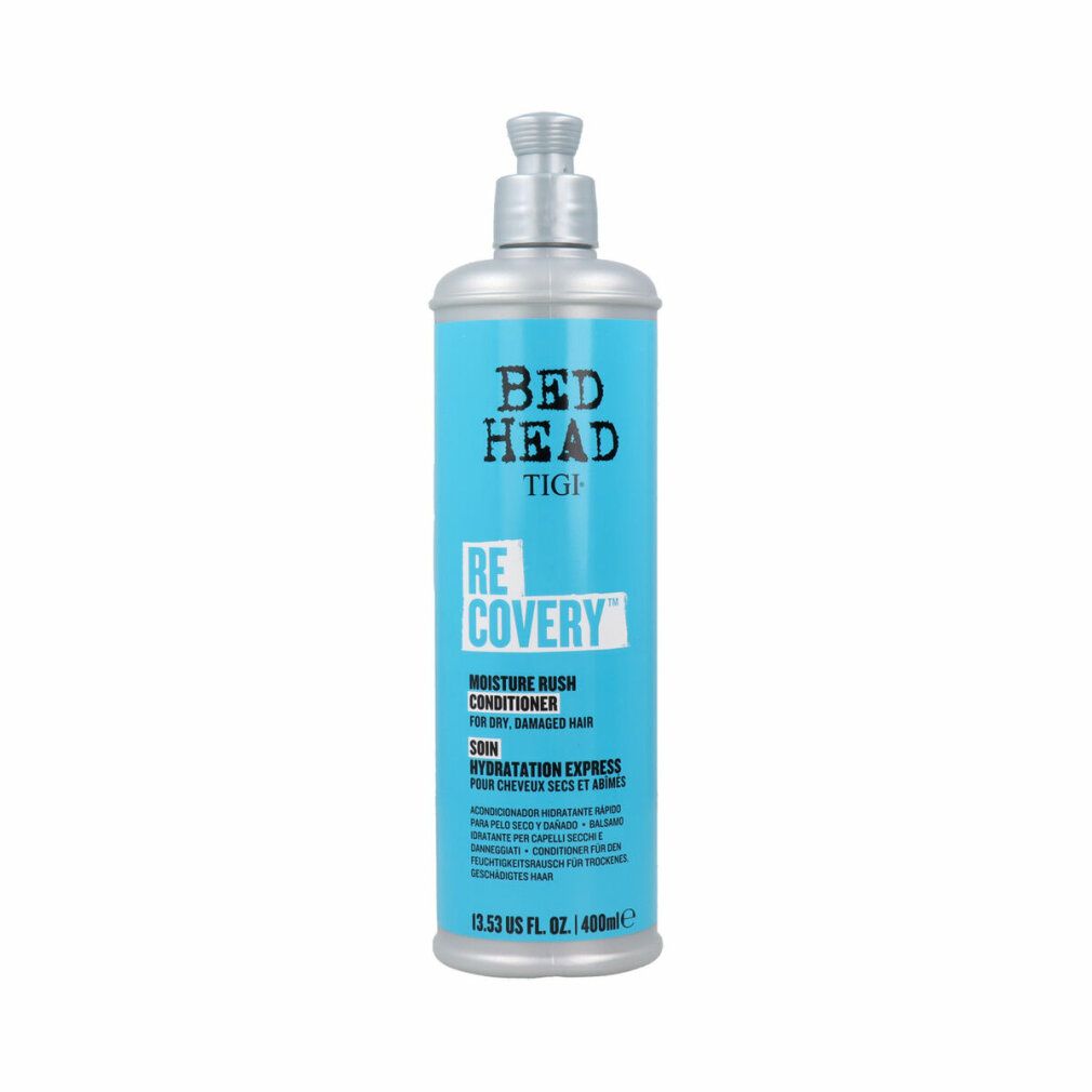 Flacone blu con etichetta. Scritto: Bed Head, TIGI, Recovery. Balsamo idratante per capelli secchi e danneggiati. 400ml.