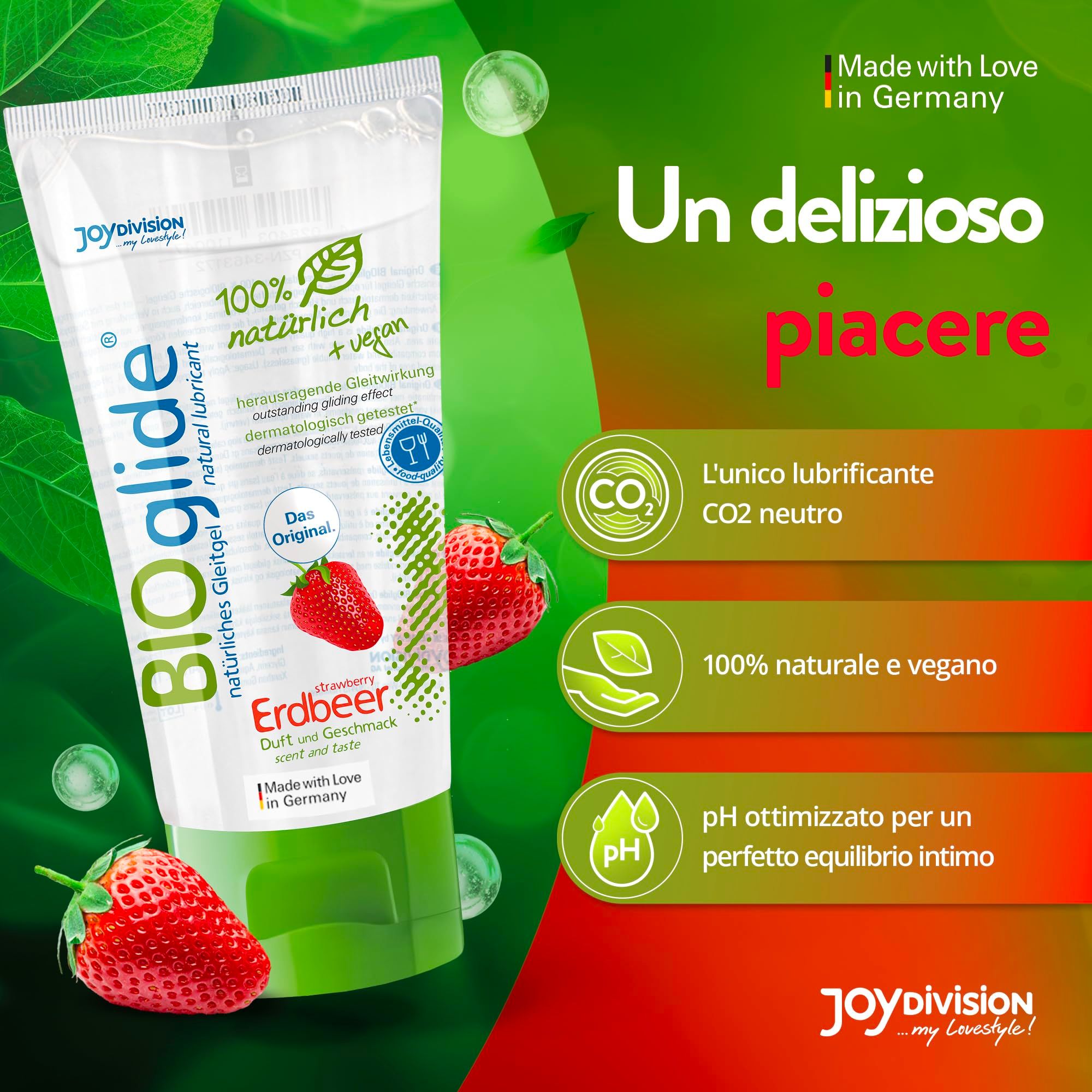 Tubo di gel lubrificante BIOglide Erdbeer con fragole. Indicazioni "Un delizioso piacere" e CO2 neutro.