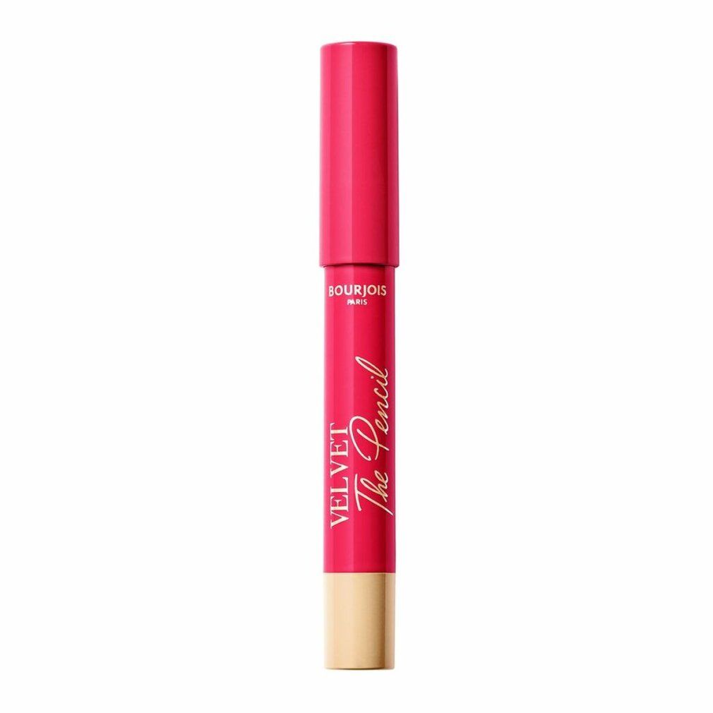Matita labbra rosa con scritta dorata. Scritta: Bourjois Paris, Velvet The Pencil. Base beige.