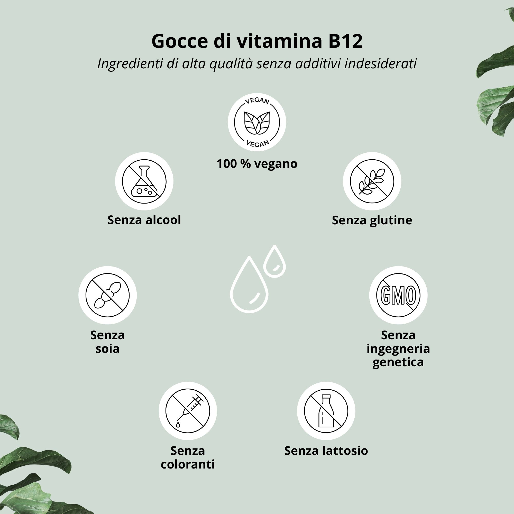 Gocce di Vitamina B12 Nutri+: sigilli per 100% vegan, senza alcol, senza soia.