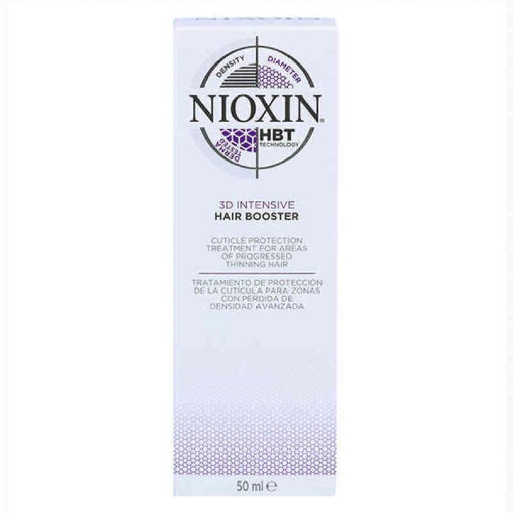 Confezione bianca. Scritta: Nioxin, 3D Intensive Hair Booster. Testo in inglese e spagnolo. 50 ml.