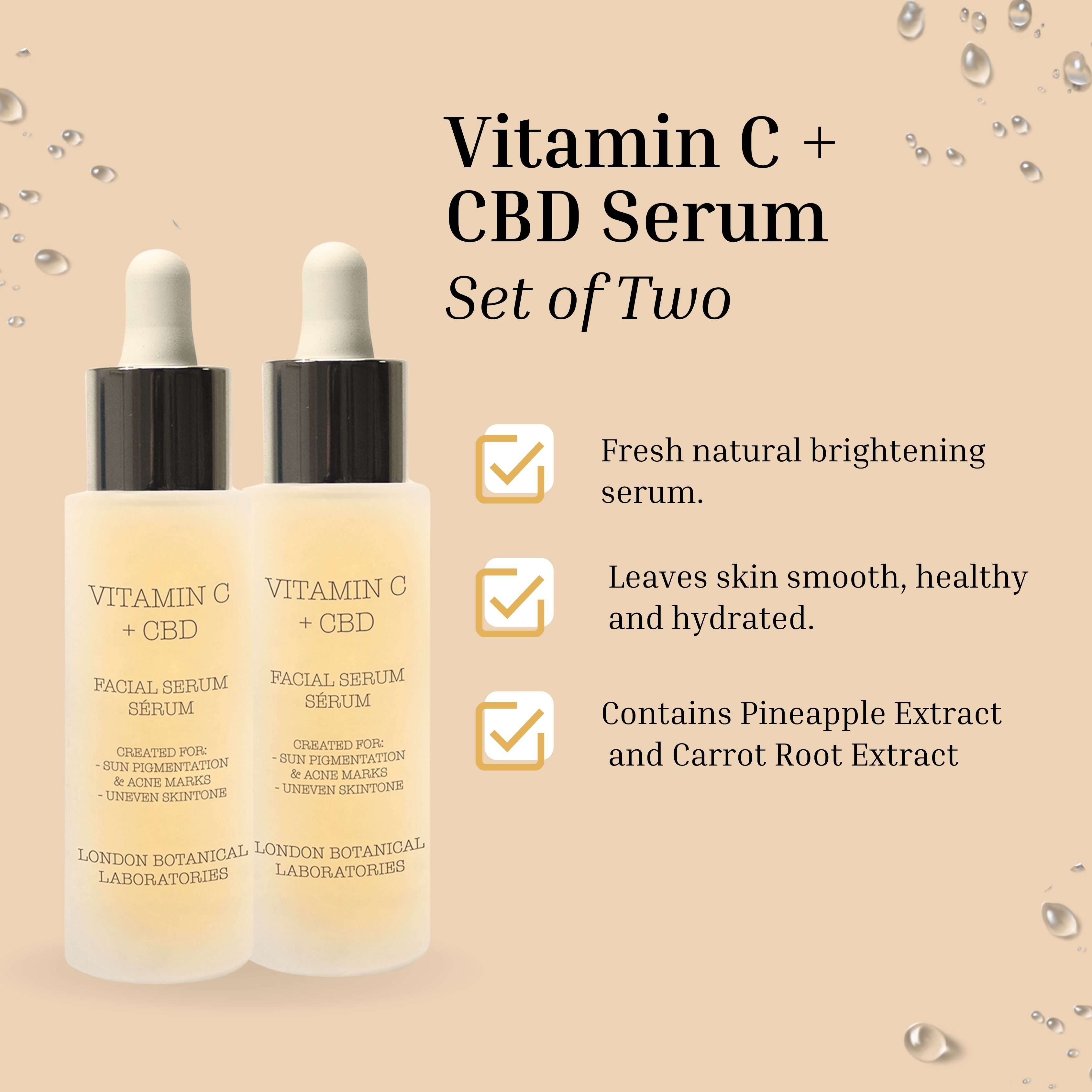 Due flaconi di siero con contagocce. Scritta: Vitamin C + CBD. Testo: Set of Two. Caselle con vantaggi del prodotto.