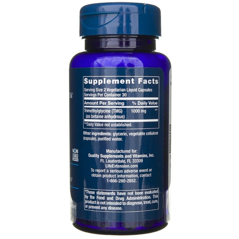 Life Extension TMG 500 mg, retro con informazioni nutrizionali e produttore.