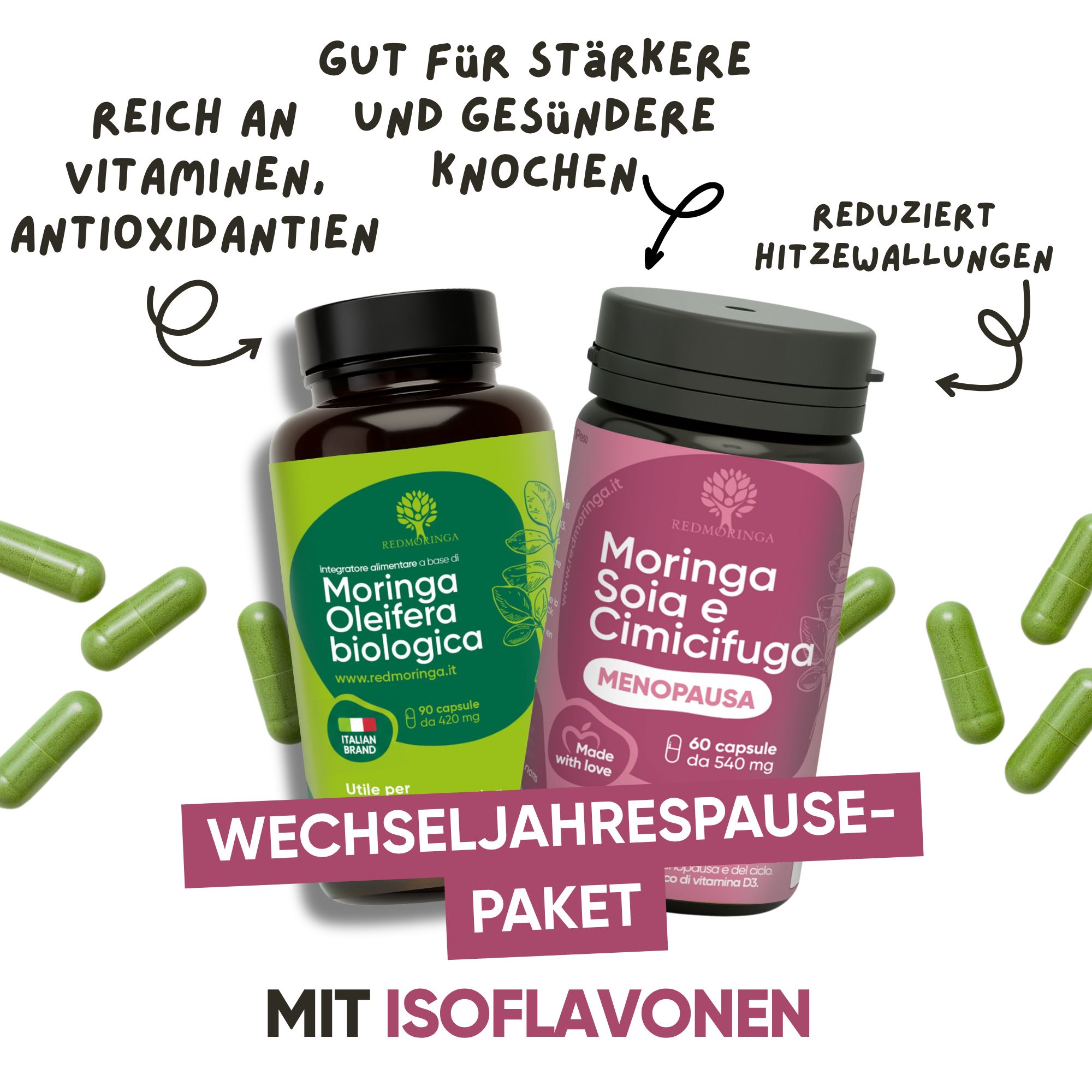 Due flaconi RedMoringa: Moringa Oleifera Biologica e Moringa Soia e Cimicifuga. Capsule sparse.