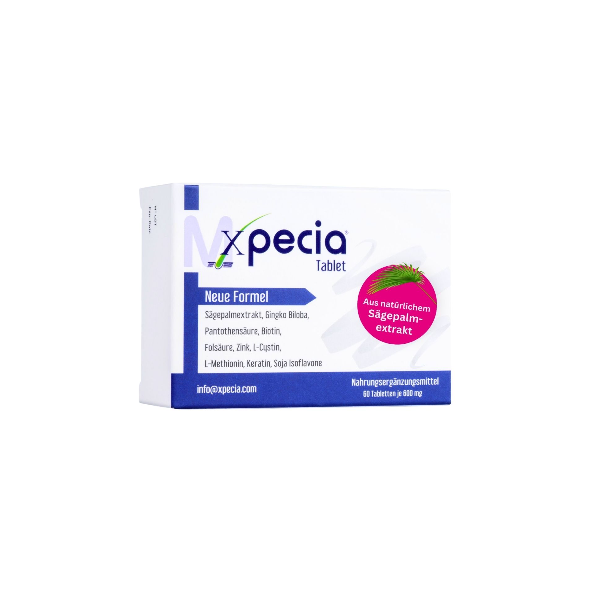Scatola di compresse bianca e blu. Testo: Xpecia Tablet, Nuova Formula, ingredienti. Cerchio rosa con testo.