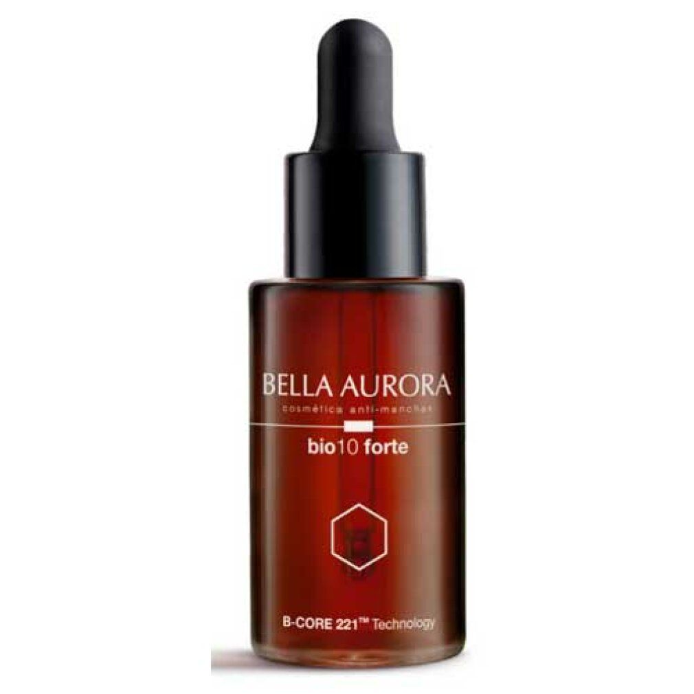 Flacone di vetro marrone con contagocce nero. Scritta: Bella Aurora, bio10 forte, B-CORE 221 Technology.