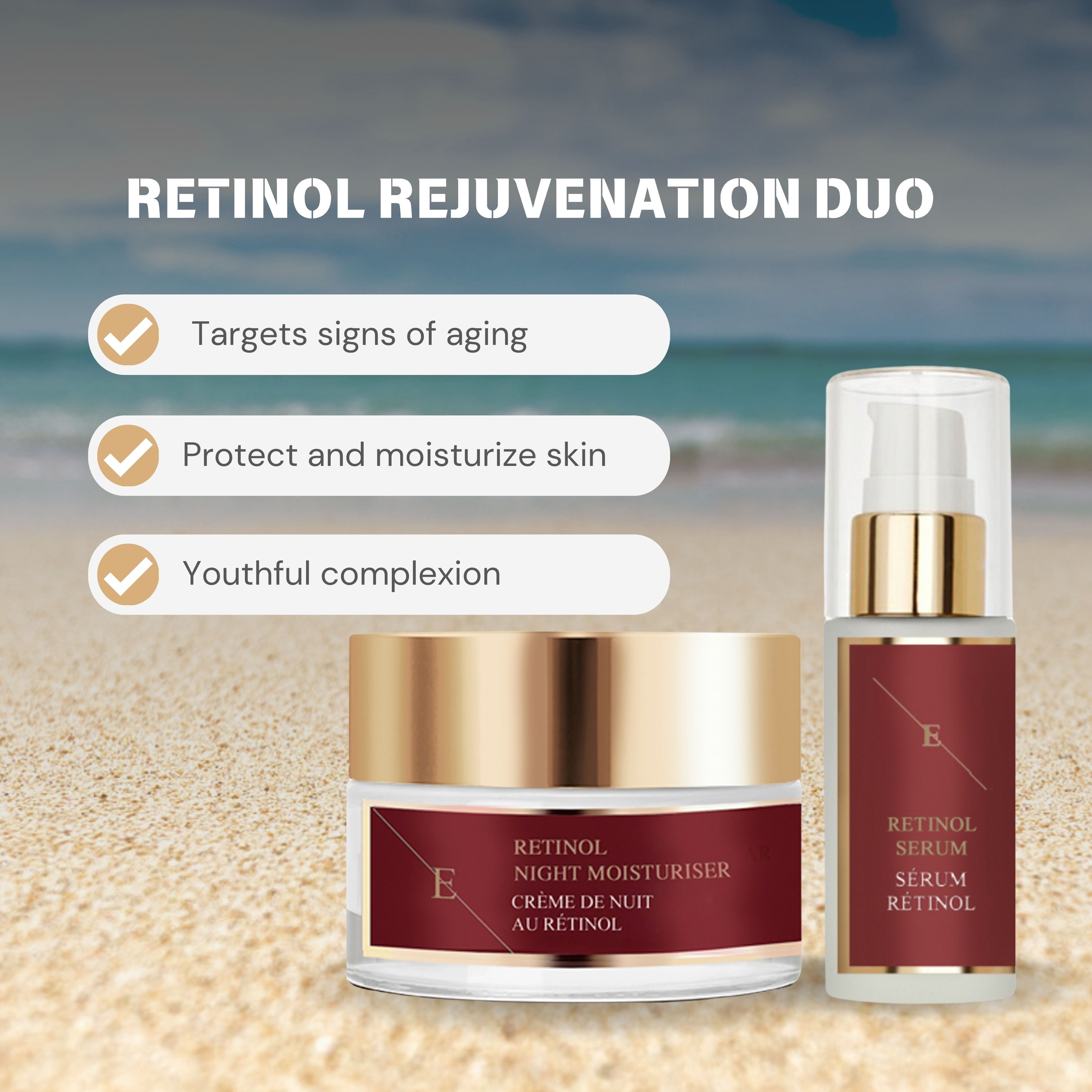 Retinol Rejuvenation Duo. Retinol Night Moisturiser e Retinol Serum. Sulla sabbia, con elementi testuali sui benefici.