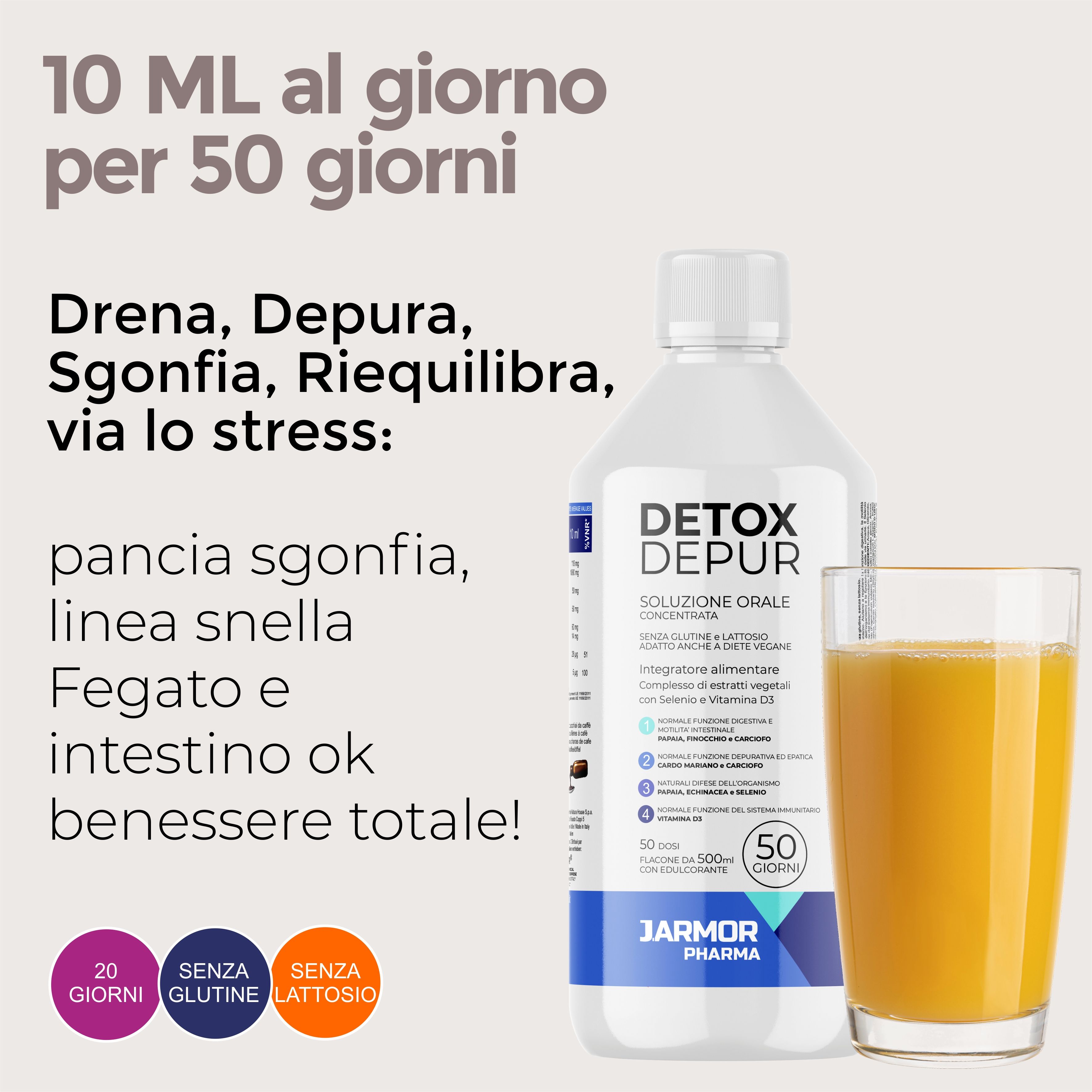 Bottiglia del prodotto e bicchiere con liquido giallo. Testo: 10 ml al giorno per 50 giorni. Detox Depur, J.Armor Pharma.