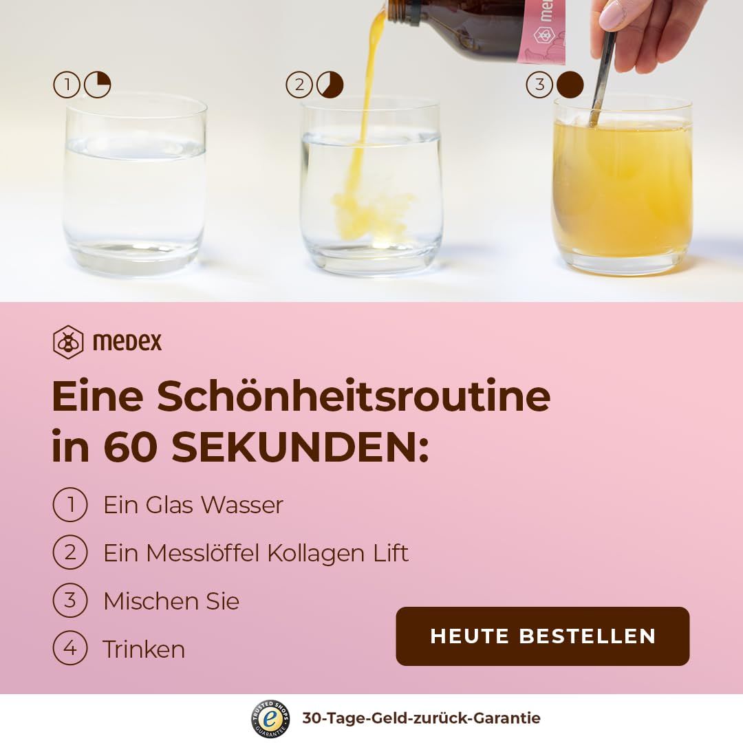 Tre bicchieri, riempiti con acqua e soluzione Kollagen-Lift. Testo: Una routine di bellezza in 60 secondi. Logo Medex.
