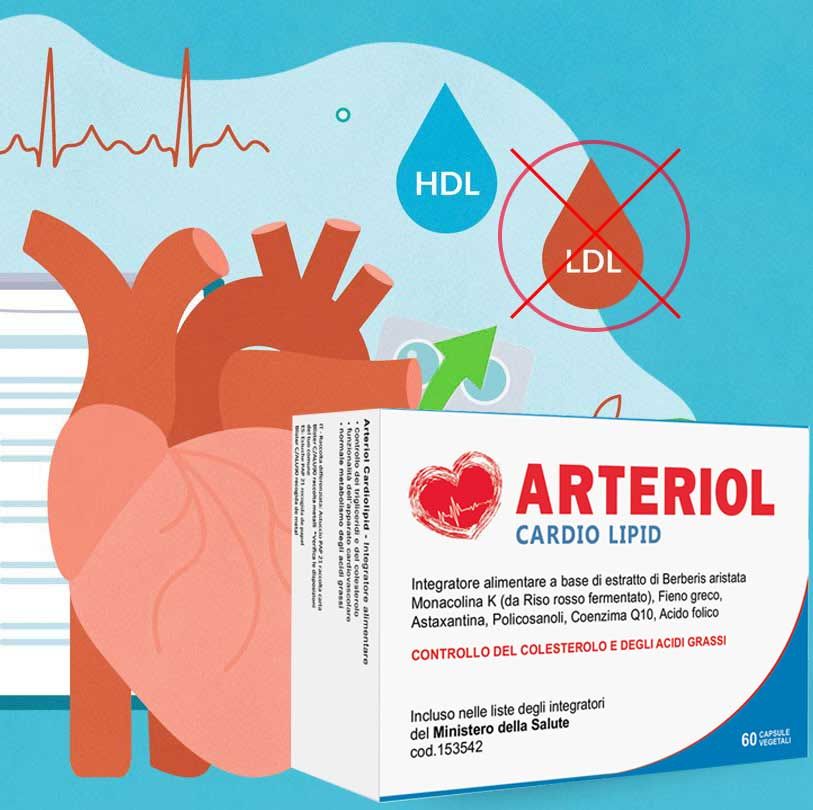 Confezione Arteriol Cardio Lipid con illustrazione del cuore. 60 capsule. Testo: Controllo del colesterolo e degli acidi grassi.
