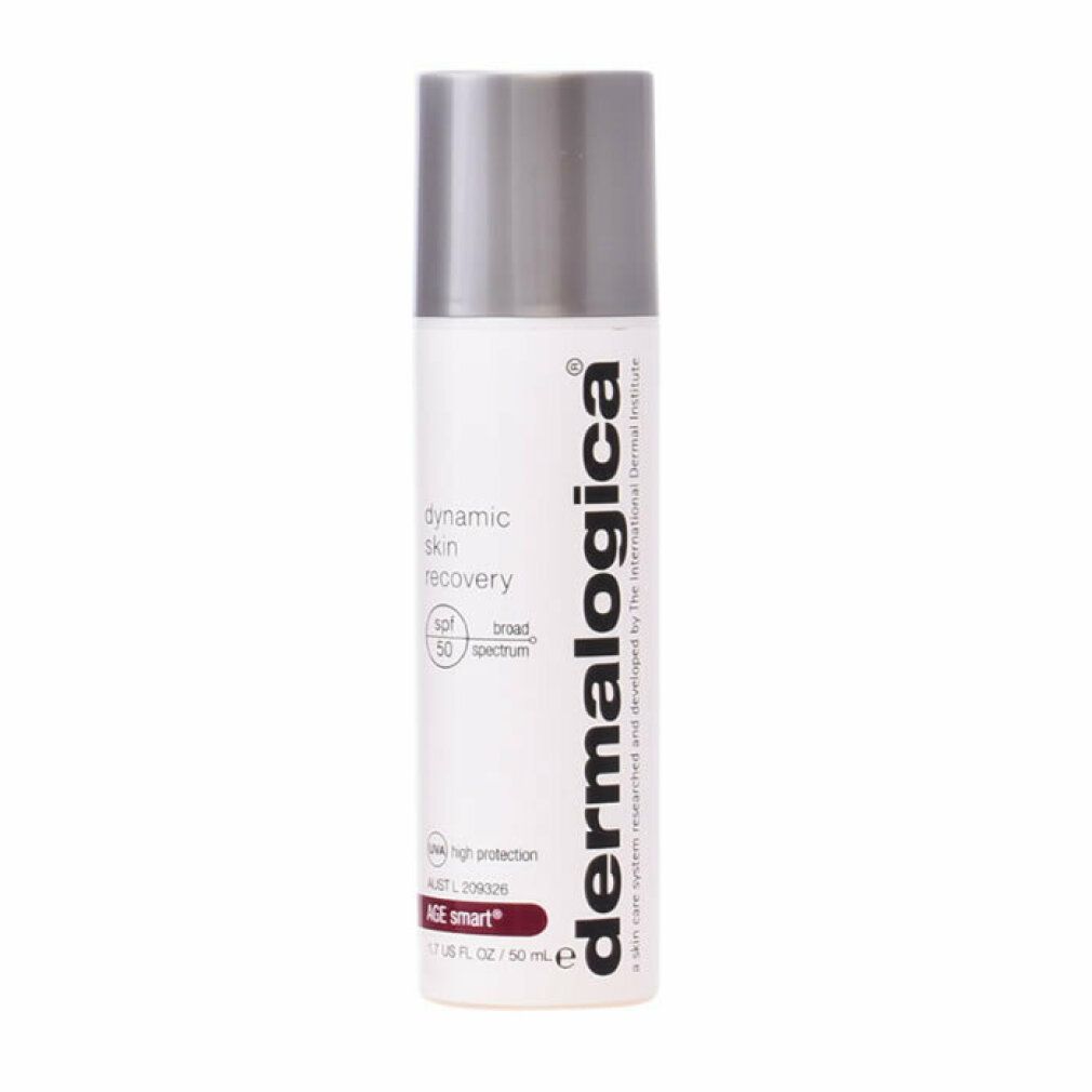 Prodotto cilindrico bianco con tappo argentato. Testo: dynamic skin recovery, SPF 50, AGE smart, Dermalogica.