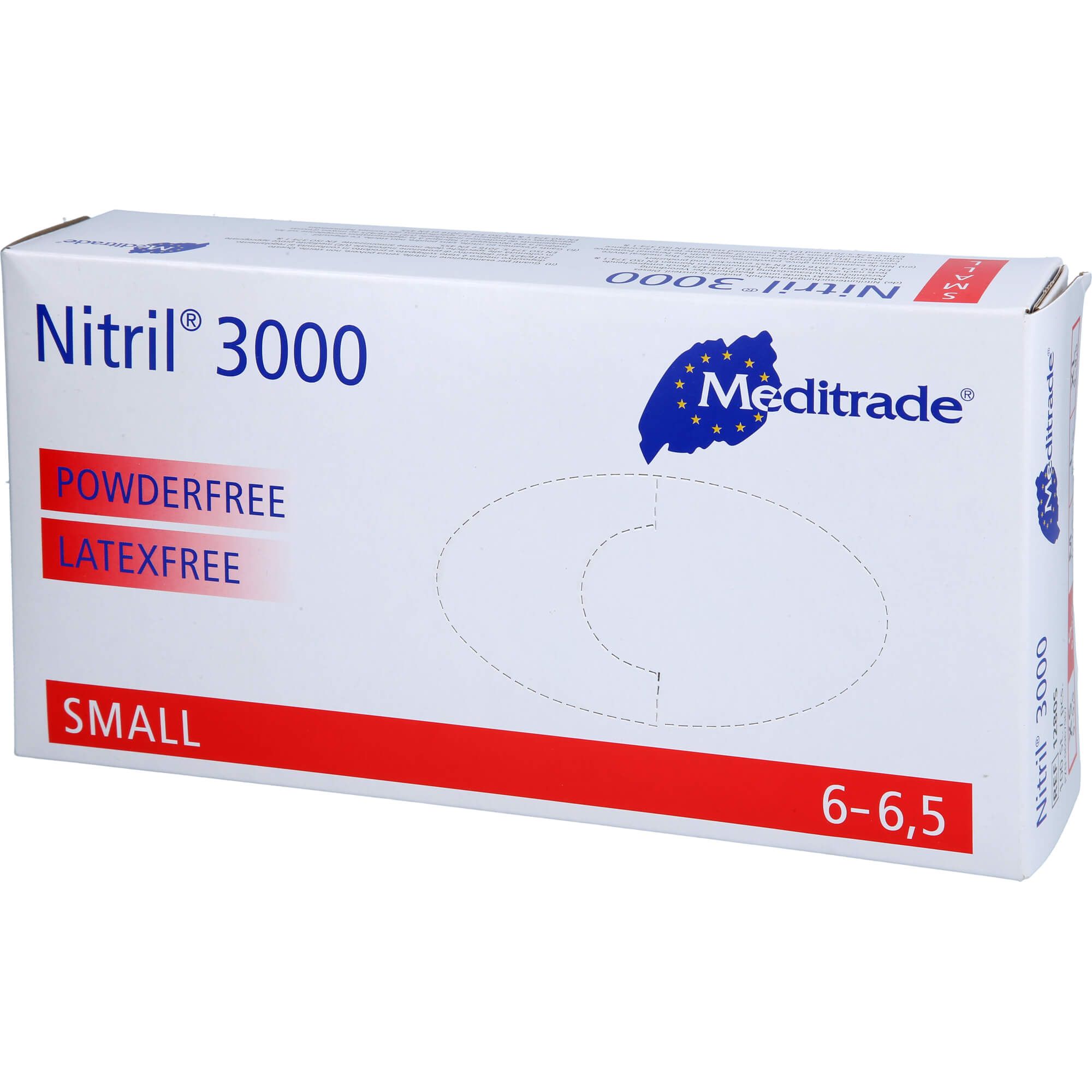 Scatola di guanti Nitril® 3000, senza polvere, senza lattice. Marchio Meditrade. Taglia Small, 6-6,5.