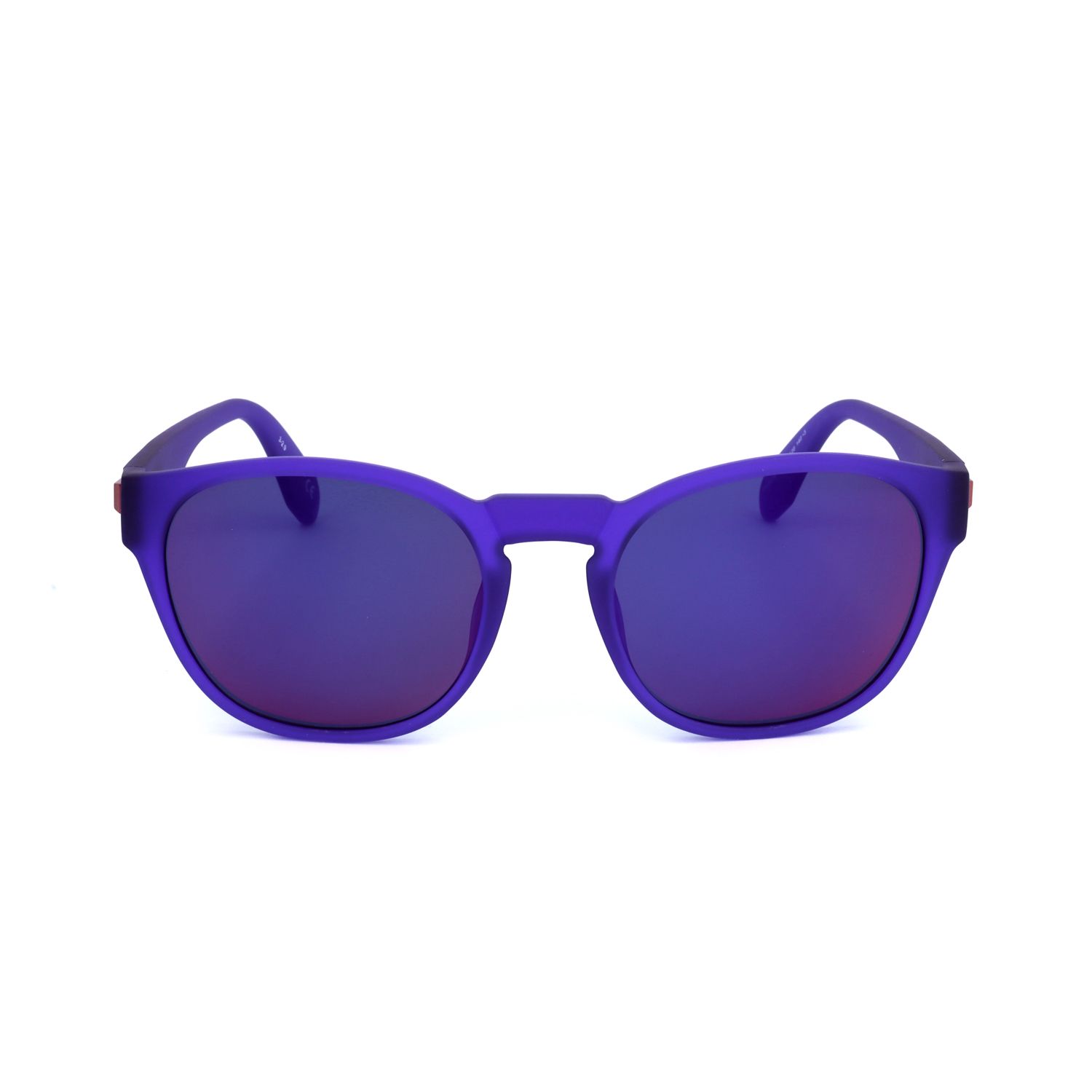 Occhiali da sole viola con lenti rotonde a specchio e montatura opaca.