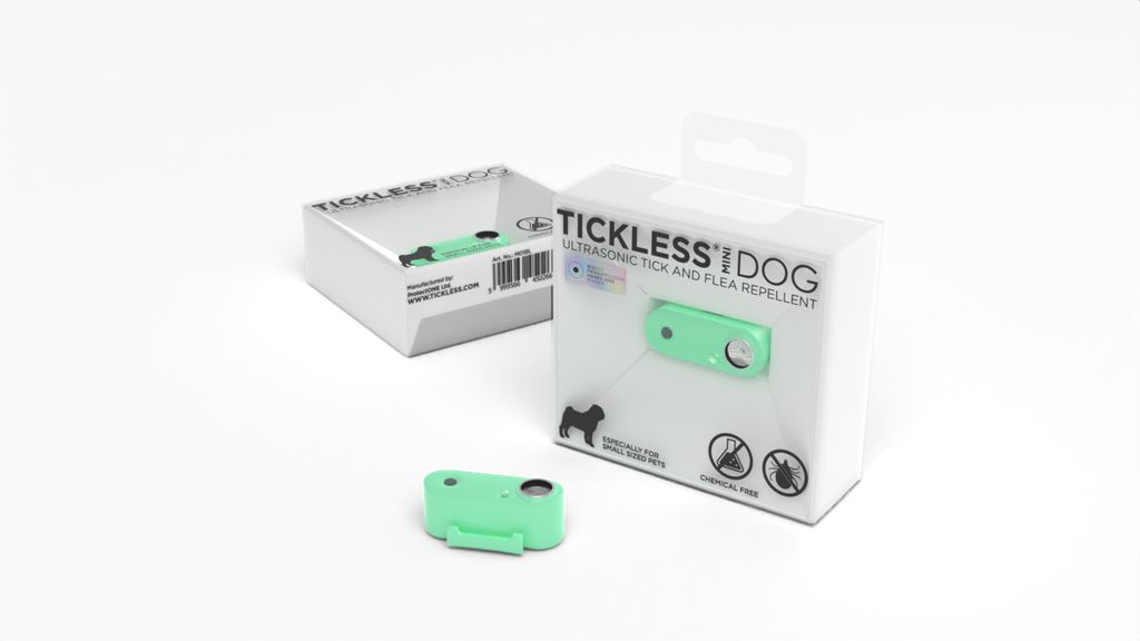 Tickless Mini Dog verde, dentro e accanto alla confezione. Repellente zecche e pulci. Per cani piccoli. Senza chimici.