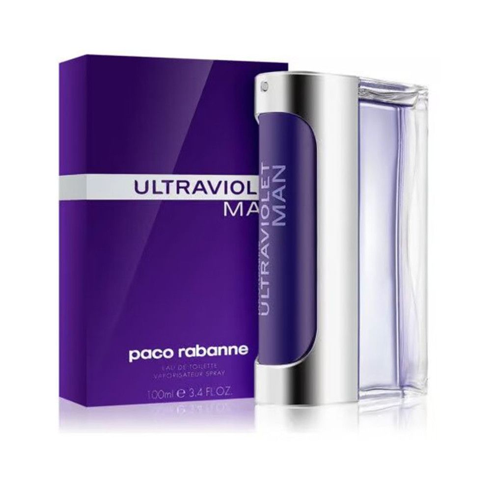 Confezione e flacone viola. Scritta: Ultraviolet Man. Flacone argento con contenuto viola. Marchio Paco Rabanne.