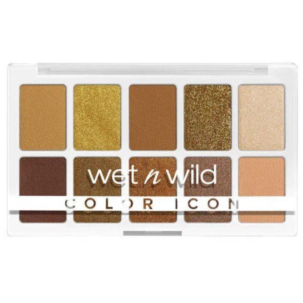 Palette ombretti con 10 tonalità. Tonalità marroni e dorate in confezione di plastica bianca. Scritta: Wet n Wild, Color Icon.