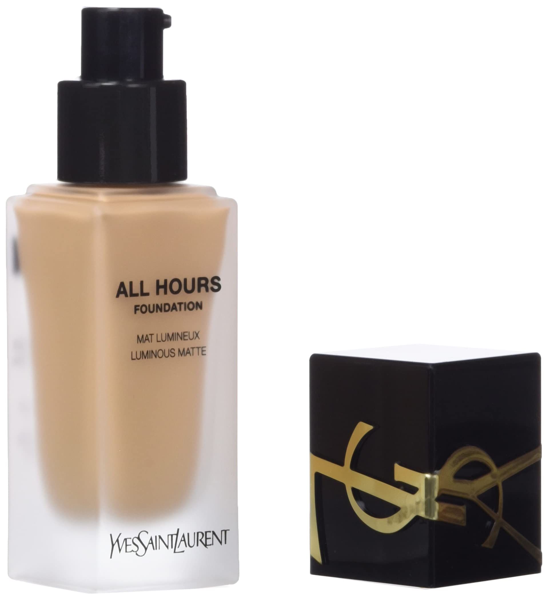 Flacone e tappo di Yves Saint Laurent Fondotinta per Tutte le Ore MN10. Liquido beige, tappo nero con logo.