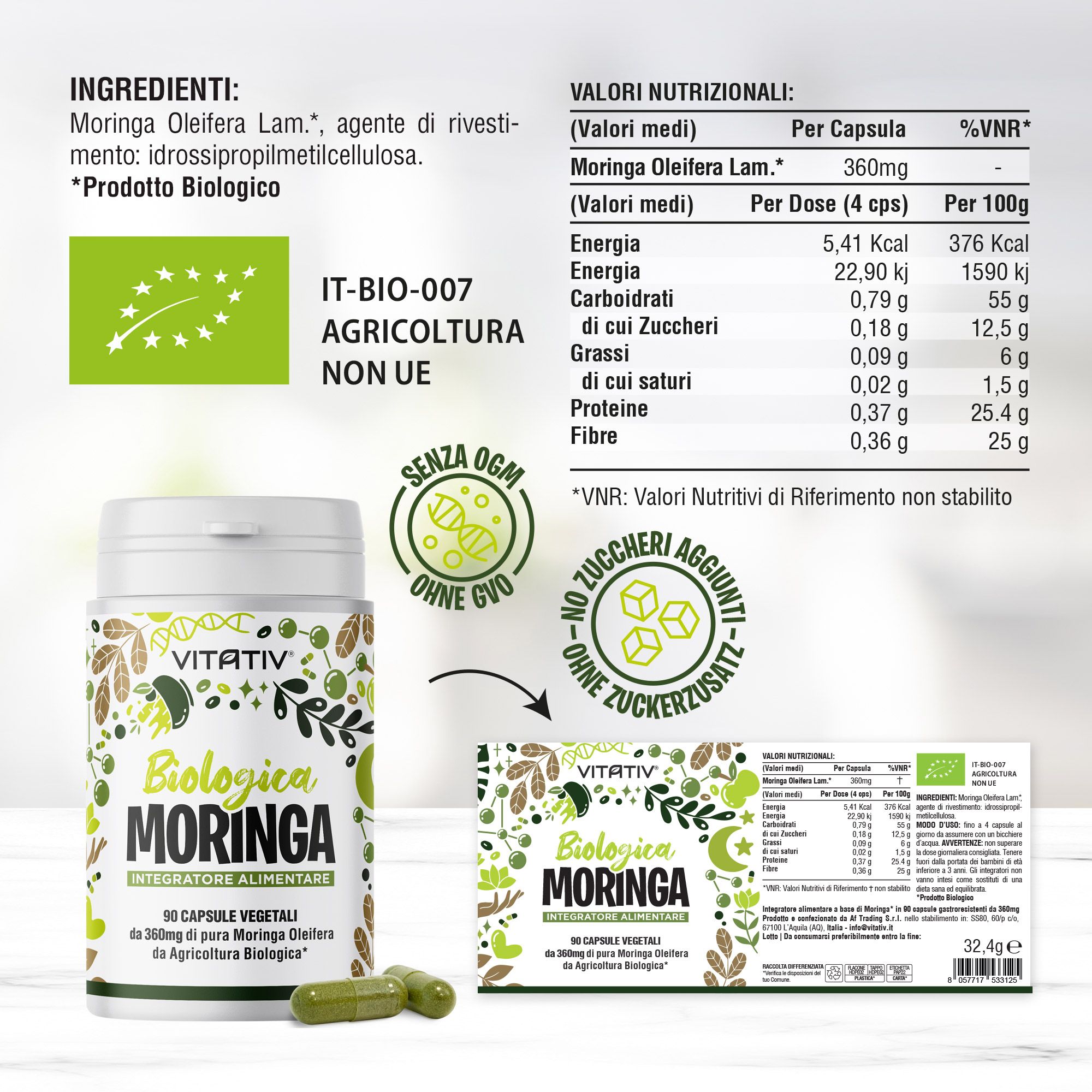 Flacone bianco con testo e tabella nutrizionale. Testo: VITATIV® Biologica Moringa, 90 Capsule Vegetali. Logo Bio UE, IT-BIO-007.