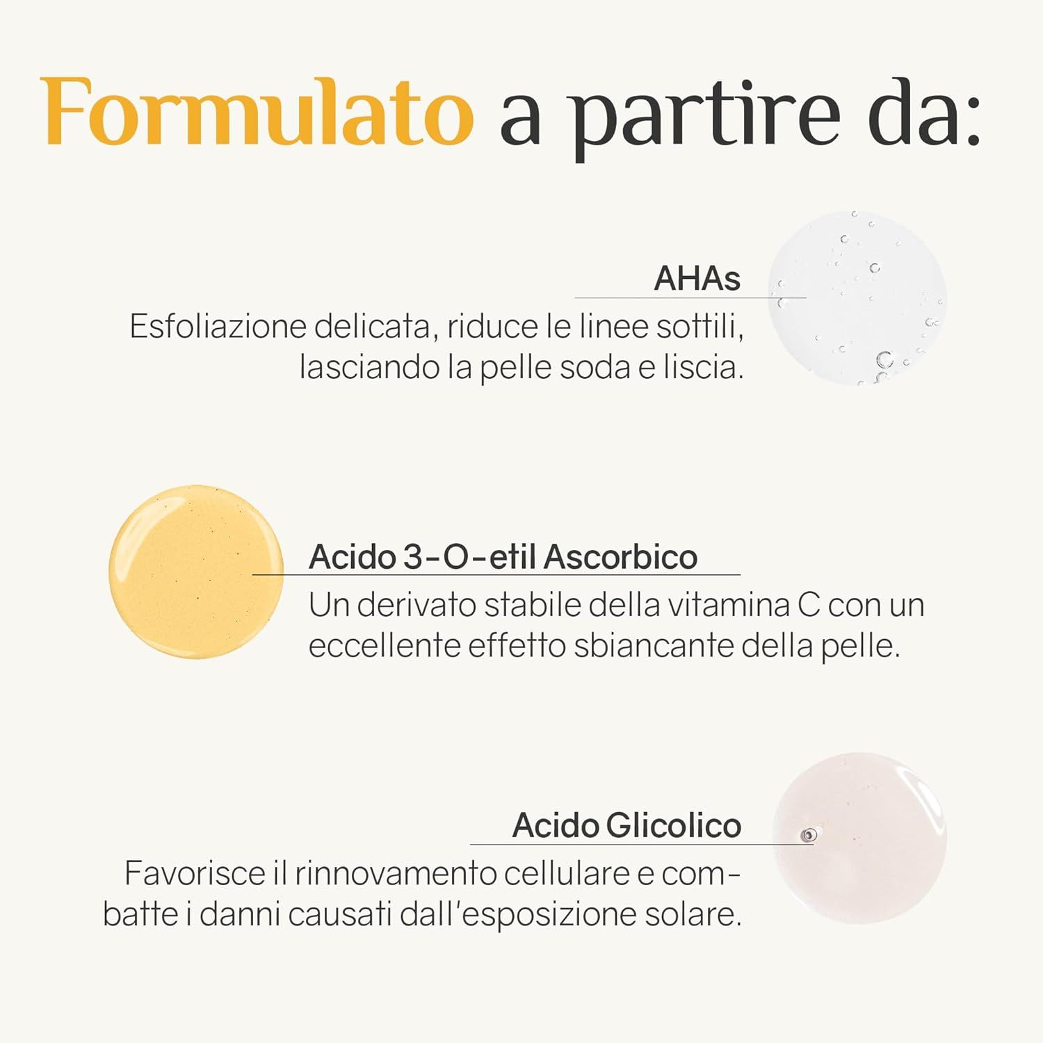 Grafico con ingredienti: AHA, acido 3-O-etil ascorbico, acido glicolico.