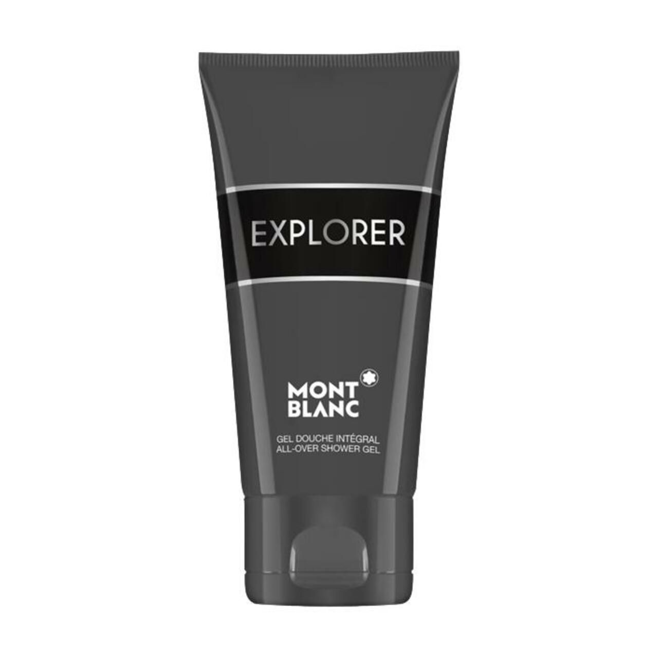 Tubo grigio scuro con scritta EXPLORER bianca e logo MONTBLANC. Gel Douche Integral.