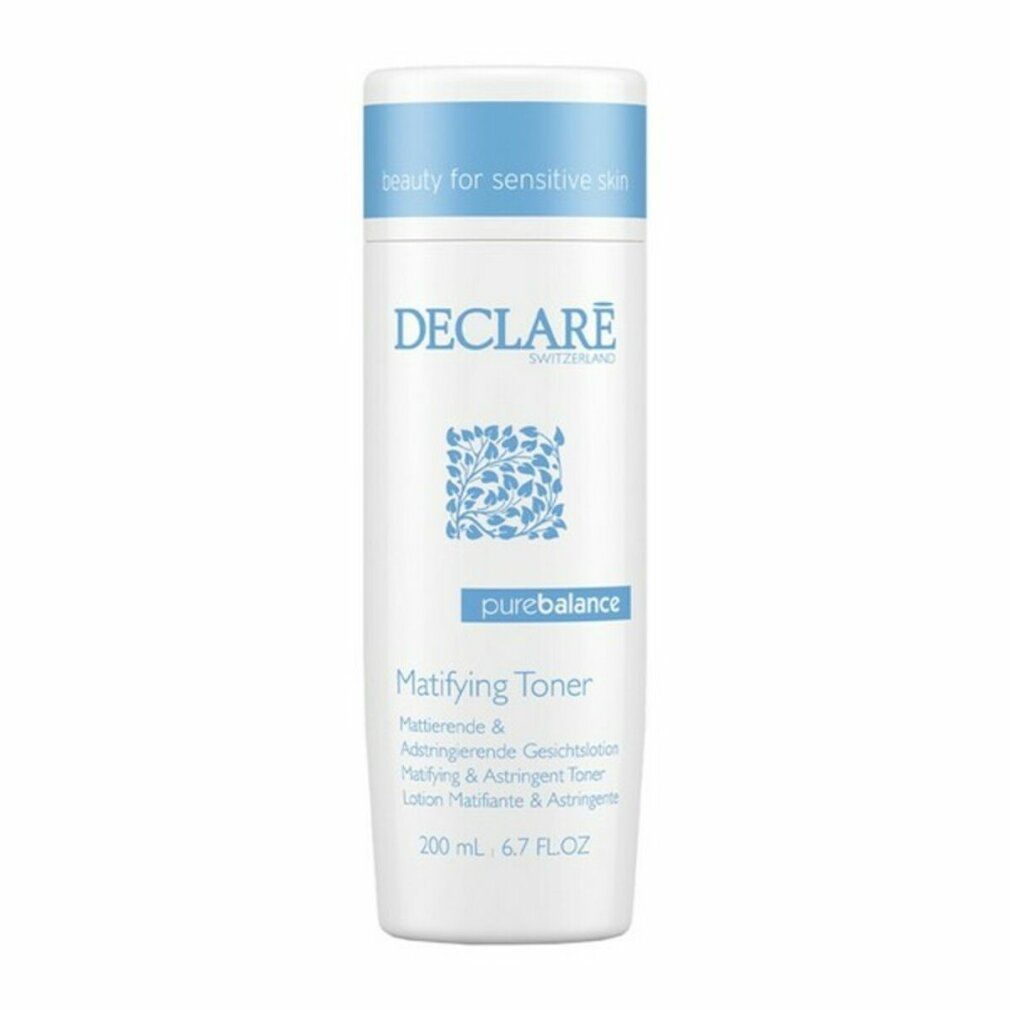 Flacone bianco con tappo blu. Scritta: DECLARE SWITZERLAND, purebalance, Matifying Toner. 200 ml, 6.7 FL.OZ.