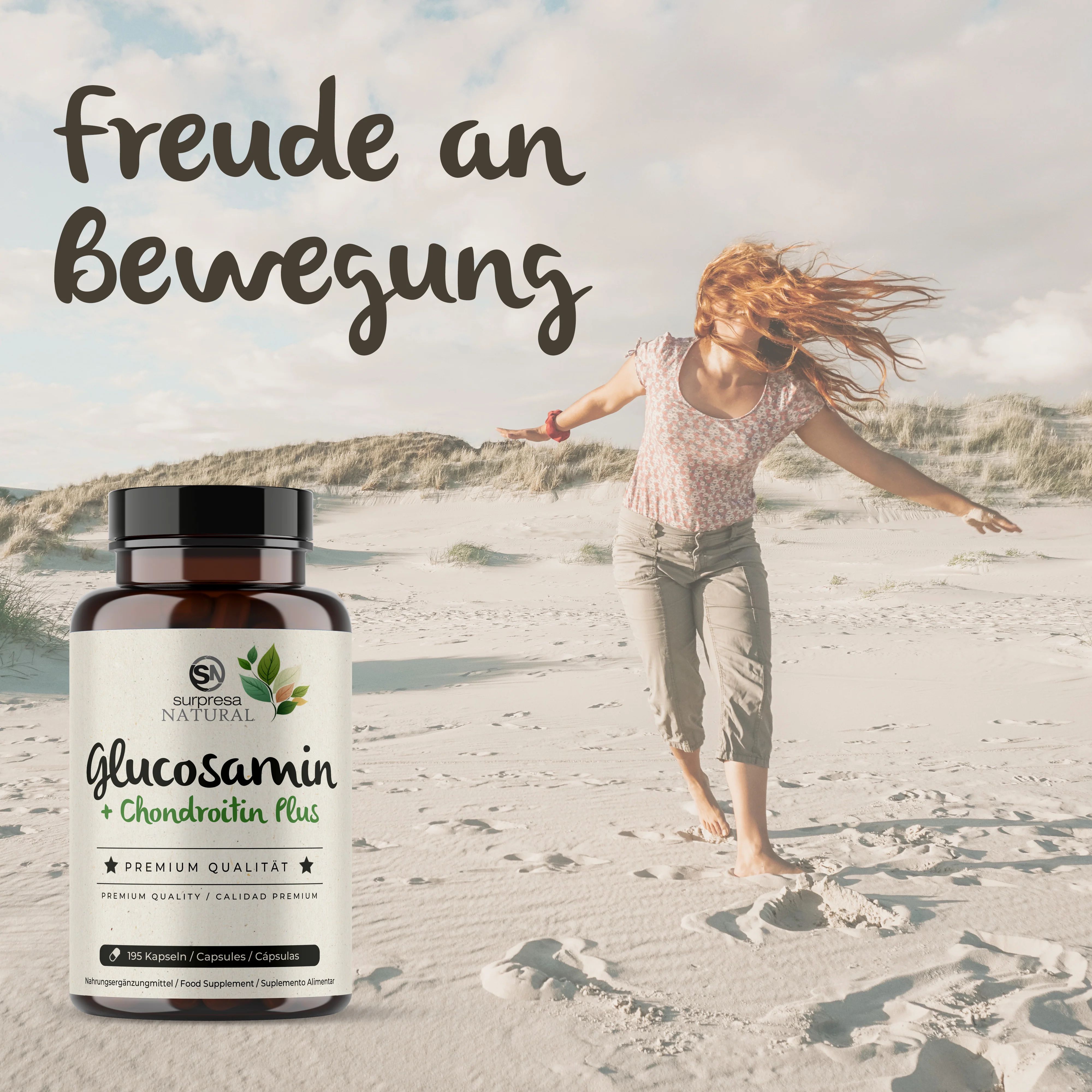 Flacone Glucosamina + Condroitina Plus. Donna che balla sulla spiaggia. Testo: Gioia del movimento.