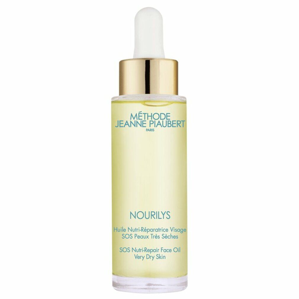 Flacone di olio per il viso con tappo dorato e contagocce bianco. Scritta: NOURILYS, SOS nutri-repair face oil.